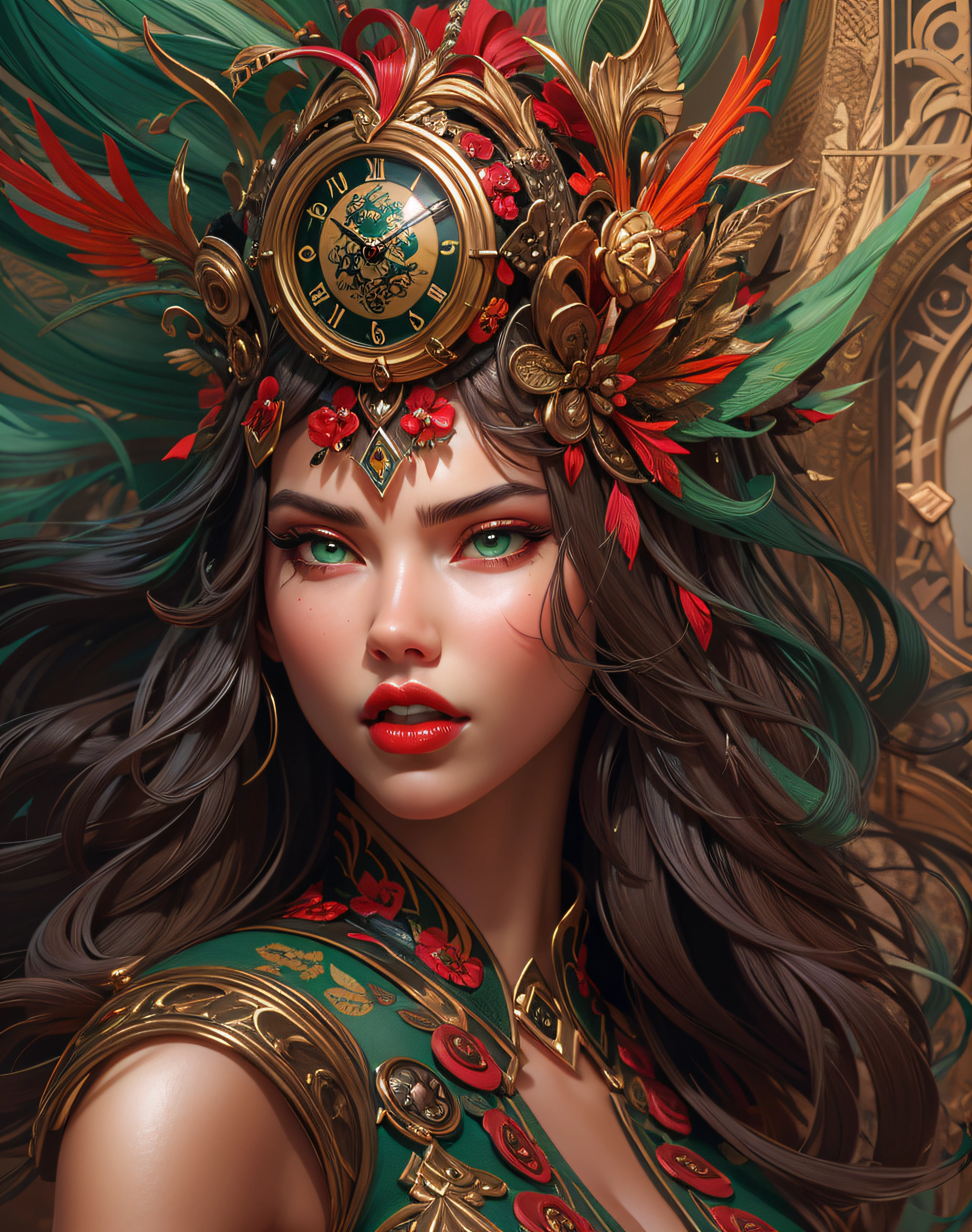there is a woman (Adriana Lima :1.1) red lips, green eyes, with a large headdress and a clock, stunning digital illustration, exquisite digital illustration, 4k detailed digital art, the dragon girl portrait, beautiful fantasy art portrait, 4k highly detailed digital art, karol bak uhd, a beautiful artwork illustration, detailed face with red lips, detailed fantasy digital art, beauty woman with detailed faces