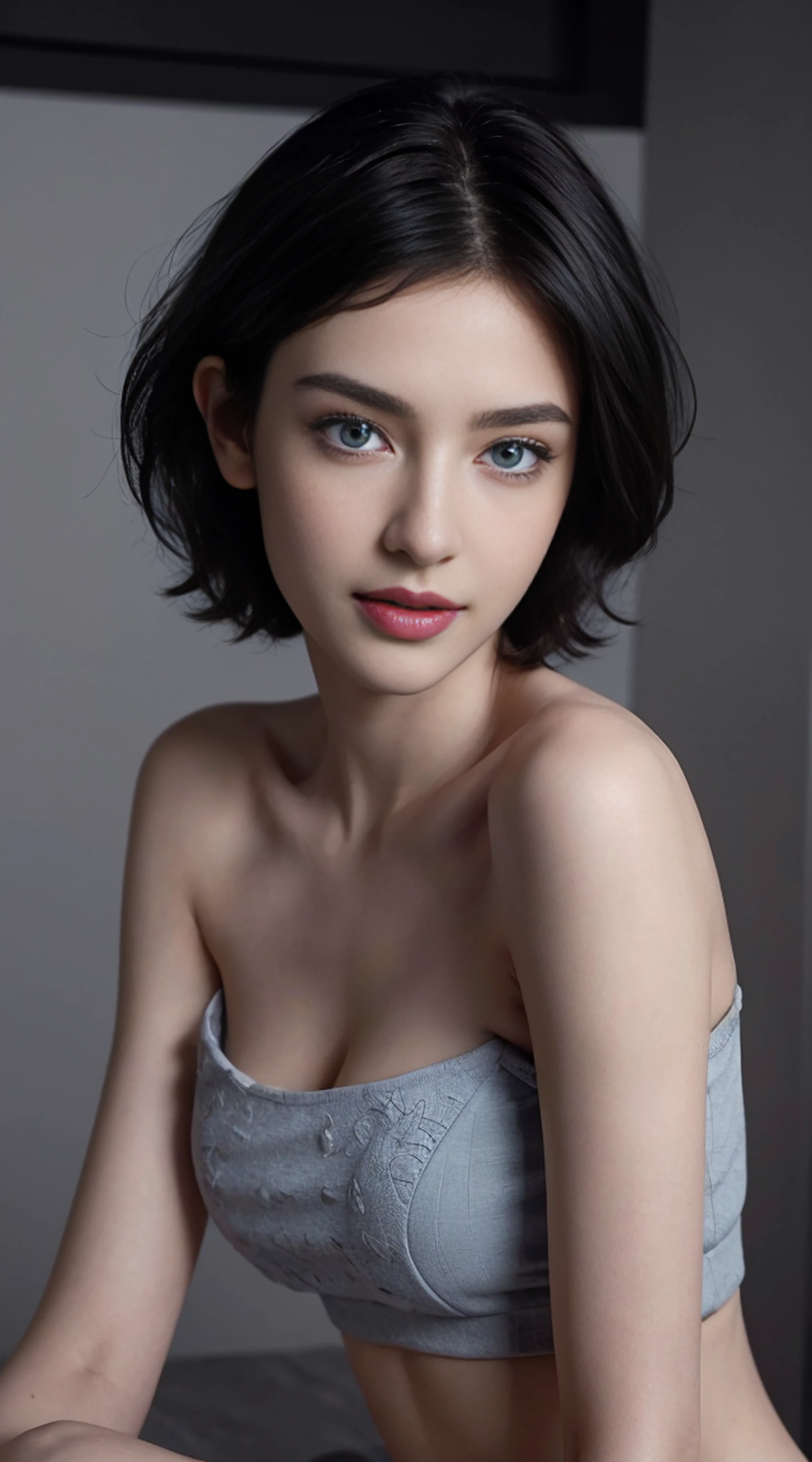 8K, Top Quality, Intricate Details, Ultra Detail, Ultra High Resolution, Masterpiece, random angle, close up shot, Slender, Smile , (18yo woman:1.2, (Makeup: 0.4), (Fluffy Blue Eyes: 1.21), blue Eyes, looking at viewer, ((full body)), 1girl, solo, 1 girl, (( full body)), close up shot, , ((tall)), (((fit body))), (((slim face))), sharp face, sharp eyes, (((black hair, very short hair, )) , (detailed face), sharp face, small lips, wind blowing hair,
(( naked )), detailed face, detailed breast, , large breast, detail ass, , Beautiful girl with accentuated slender abs: 1.4, Six Pack Abs: 1.4, Bust Botox, Big, Perfect Body, detail leg, (( naked club)),