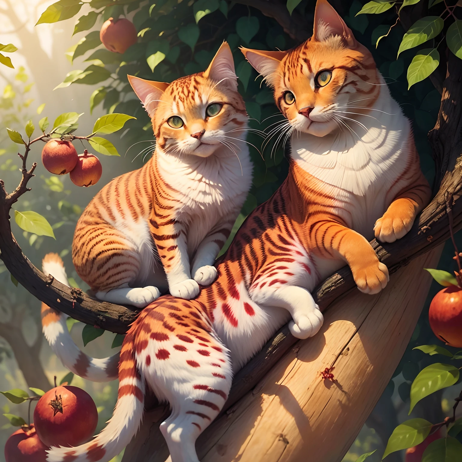 An orange cat lies on the branch of a pomegranate tree，It looked at the red pomegranate on the tree in the upper right corner，Pose lazily in the sun，Slouched，A tranquil，Warm，freshen，Green pomegranate leaves，leafy branches，Pomegranate with plump branches，the morning sun，Natural light，wonderful masterpiece, tmasterpiece，the detail，beautiful light up，realisticlying，iintricate，Award-Awarded，4K，HighestQuali