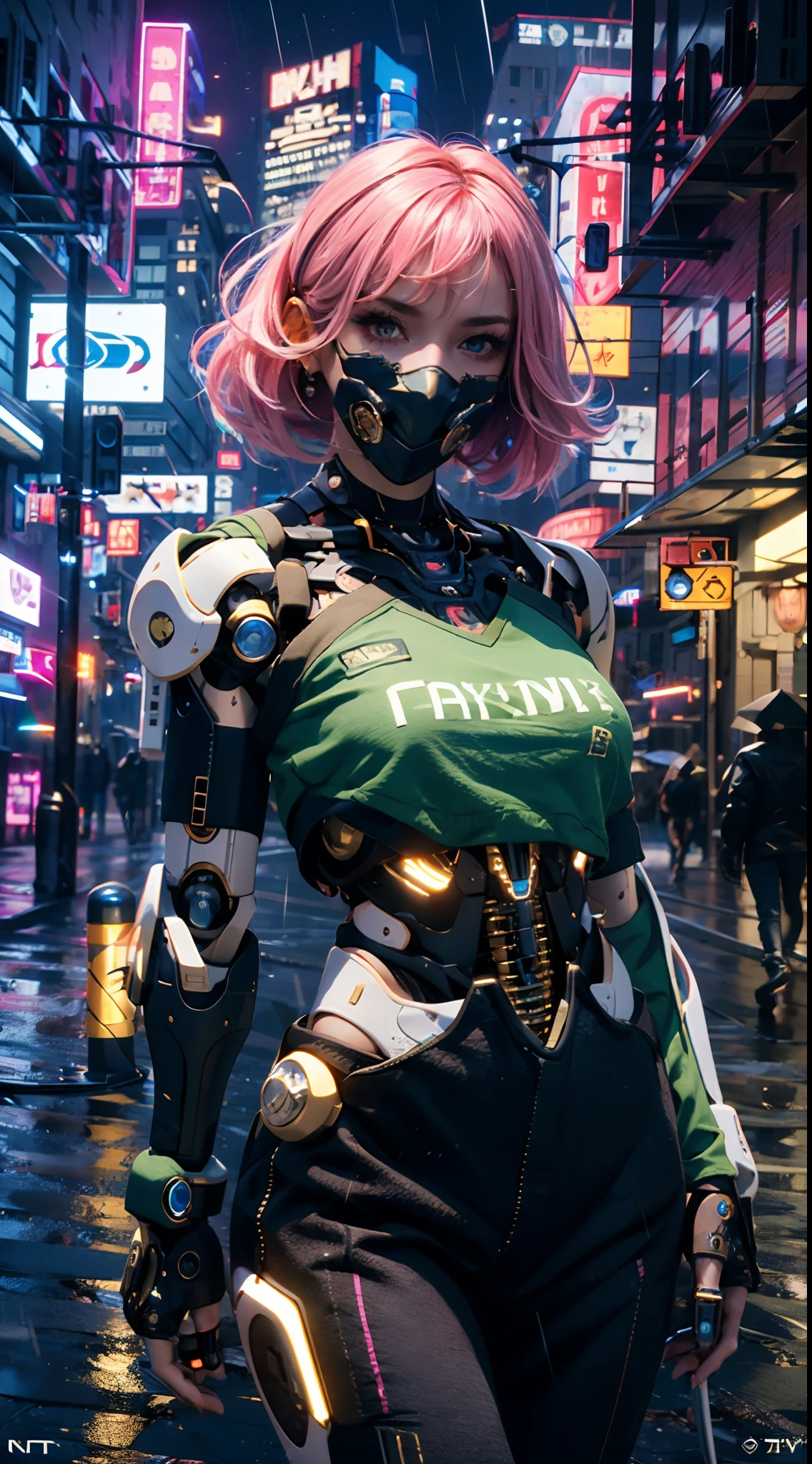 masterpiece, maximum quality, ultra high resolution, 8k, a girl,beauty,21years old,fair skin, extremely beautiful,strong gaze, alone,bust portrait,cyberpunk outfit, extremely detailed face, detailed eyes, mischievous smile, cheerful, realistic photo, totally realistic, human pelle, studio lighting,golden ratio body, wide hips,perfect legs, big ass,pink hair,blunt bangs,blue and white clothing,D-cup breasts,in the cyberpunk city,cyberpunk city background,((night)),rain,tattoos,Combat posture,((cyborg)),((Mechanical mask)),holding a pistol