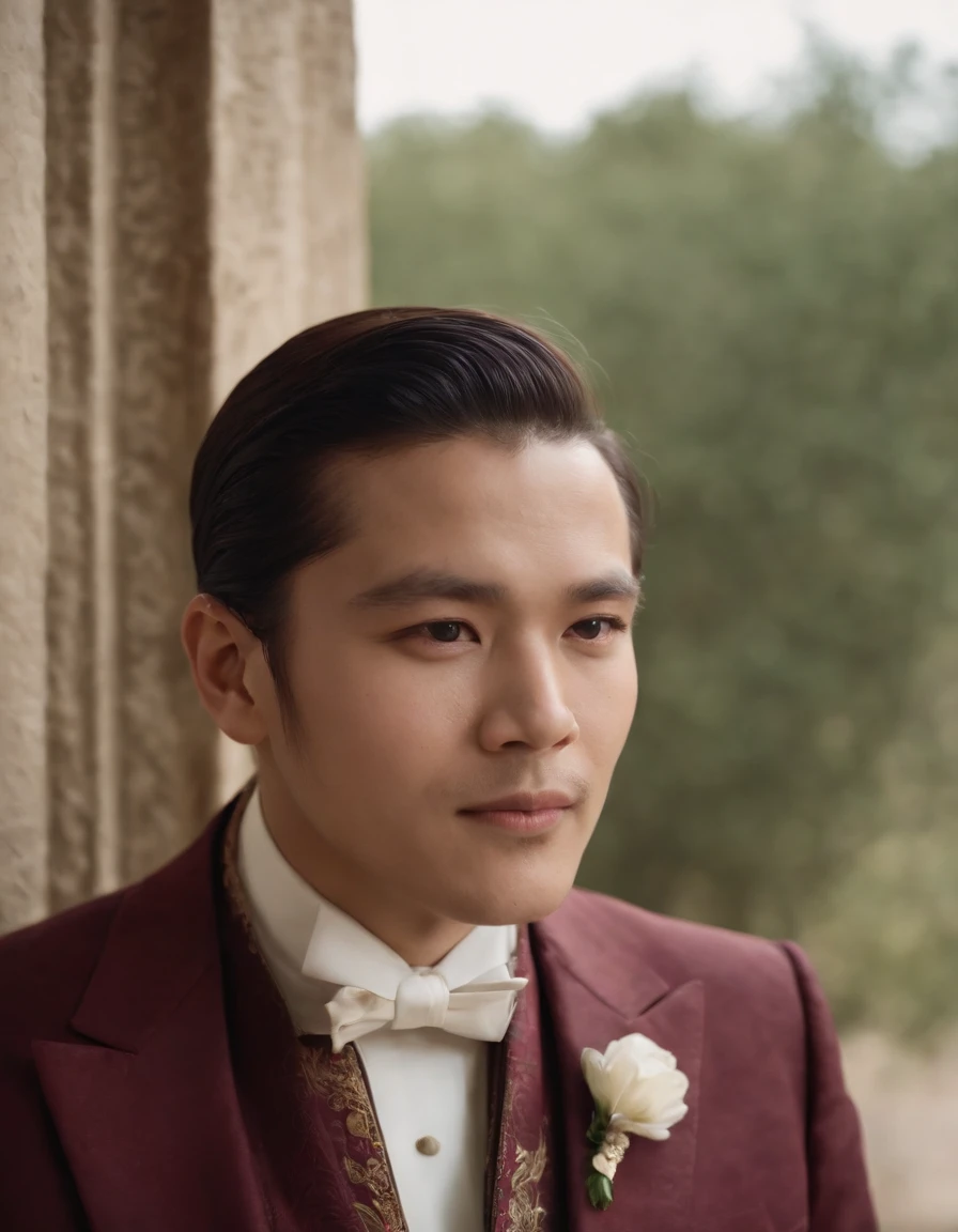 the man in the tuxedo leans against something in the window, in the style of asian-inspired motifs, dark maroon and light gold, troubadour style, medieval inspiration, photo taken with provia, genderless, elaborate beadwork ,(medium close-up)