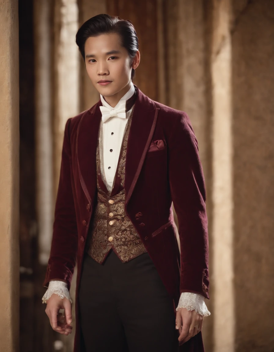 the man in the tuxedo leans against something in the window, in the style of asian-inspired motifs, dark maroon and light gold, troubadour style, medieval inspiration, photo taken with provia, genderless, elaborate beadwork ,(medium close-up)