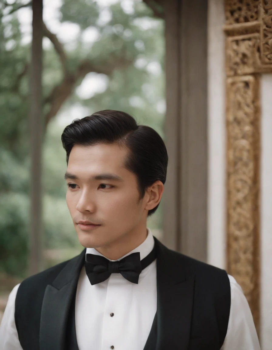 the man in the tuxedo leans against something in the window, in the style of asian-inspired motifs, dark maroon and light gold, troubadour style, medieval inspiration, photo taken with provia, genderless, elaborate beadwork ,(medium close-up)