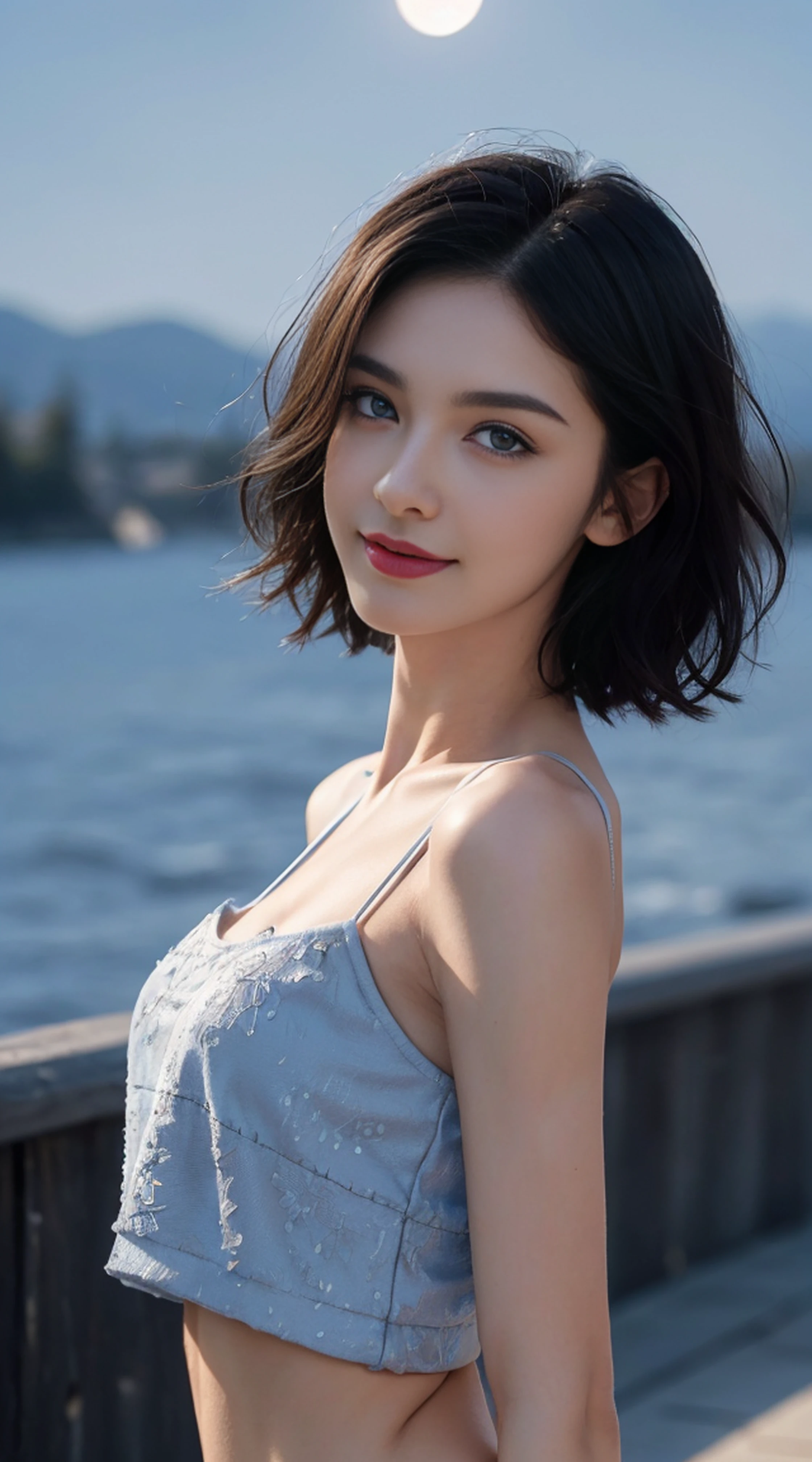 8K, Top Quality, Intricate Details, Ultra Detail, Ultra High Resolution, Masterpiece, random angle, Slender, Smile, (Makeup: 0.4), (Fluffy Blue Eyes: 1.21), blue Eyes,, ((full body)), 1girl, solo, 1 girl, (( full body)), close-up shot, standing, , ((tall)), (((fit body))), (((slim face))), sharp face, sharp eyes,(((black hair, short hair, wavy hair , )) (detailed face), sharp face, small lips, thin lips,
(( crop top )), detailed face, detailed breast, , large breast, detail, , Beautiful girl with accentuated slender abs: 1.4, Six Pack Abs: 1.4, Bust Botox, Big, Perfect Body, detail leg, (( moonlight)), top of mountain