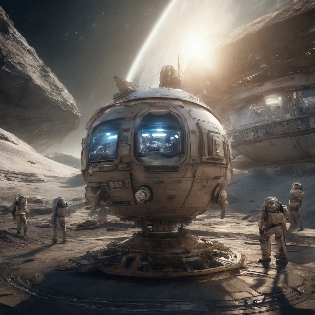 A futuristic complex spacecraft stands still in space，The hull is broken， Robots and astronauts are repairing，The background is the vastness of the universe，Outstanding details，Cinema lenses