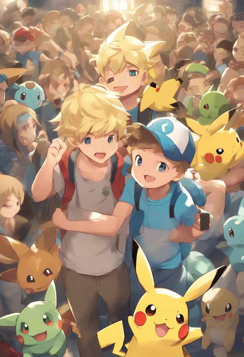 Tony irwin, 1 boy, male focus, blonde hair, holding, holding a microphone speaking to a crowd, Pikachu, Vaporeon, Jolteon and Bulbasaur are on his shoulders, in a Pokemon Gym, specular highlights, detailed face, detailed eyes,