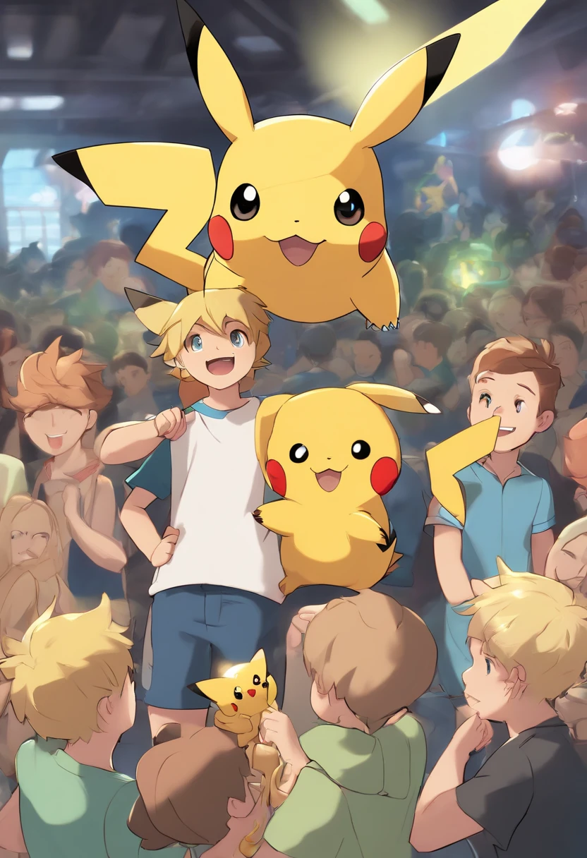 Tony irwin, 1 boy, male focus, blonde hair, holding,  holding a microphone speaking to a crowd, Pikachu, Vaporeon, Jolteon and Bulbasaur are on his shoulders, in a Pokemon Gym, specular highlights, detailed face, detailed eyes,