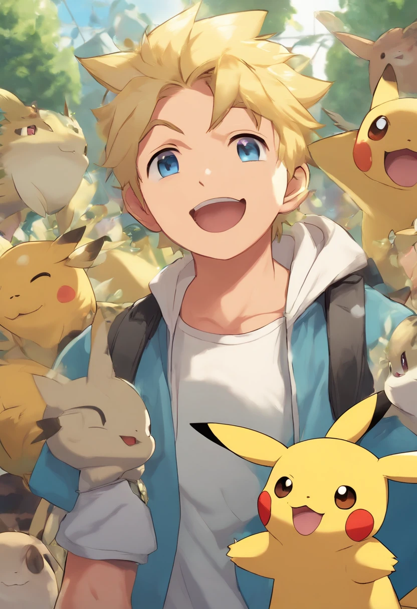 Tony irwin, 1 boy, male focus, blonde hair, holding,  holding a microphone speaking to a crowd, Pikachu, Vaporeon, Jolteon and Bulbasaur are on his shoulders, in a Pokemon Gym, specular highlights, detailed face, detailed eyes,
