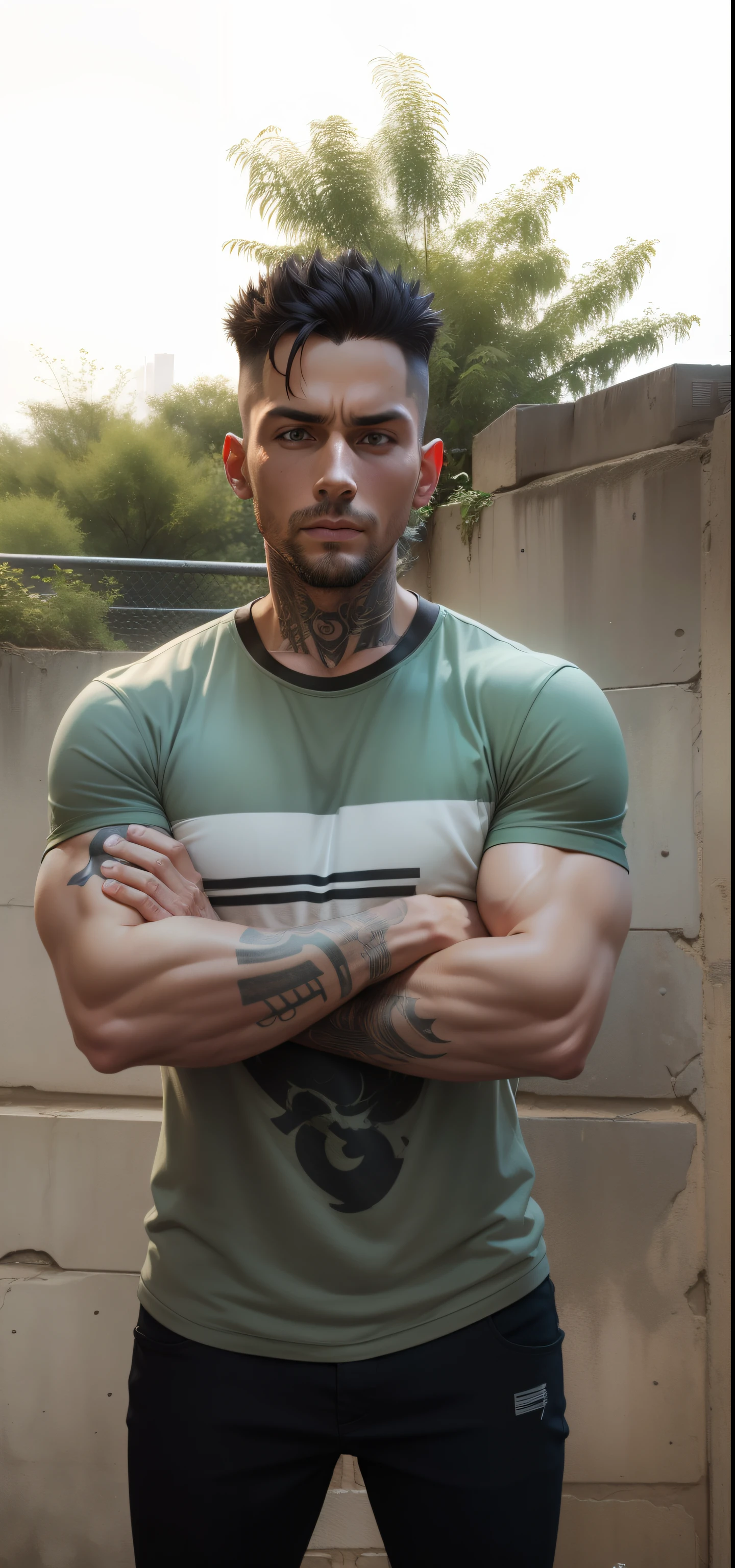 cyberpunk,smartboy,lighting realistic background,8k,u4,there is a man standing with his arms crossed in front of a wall, arms crossed, arms crossed on chest, (38 years old), 4 0 years old man, 2 7 years old, 2 9 years old, arms folded, arms covered in gang tattoo, posing with crossed arms, 2 8 years old, 3 2 years old, insectile forearms folded