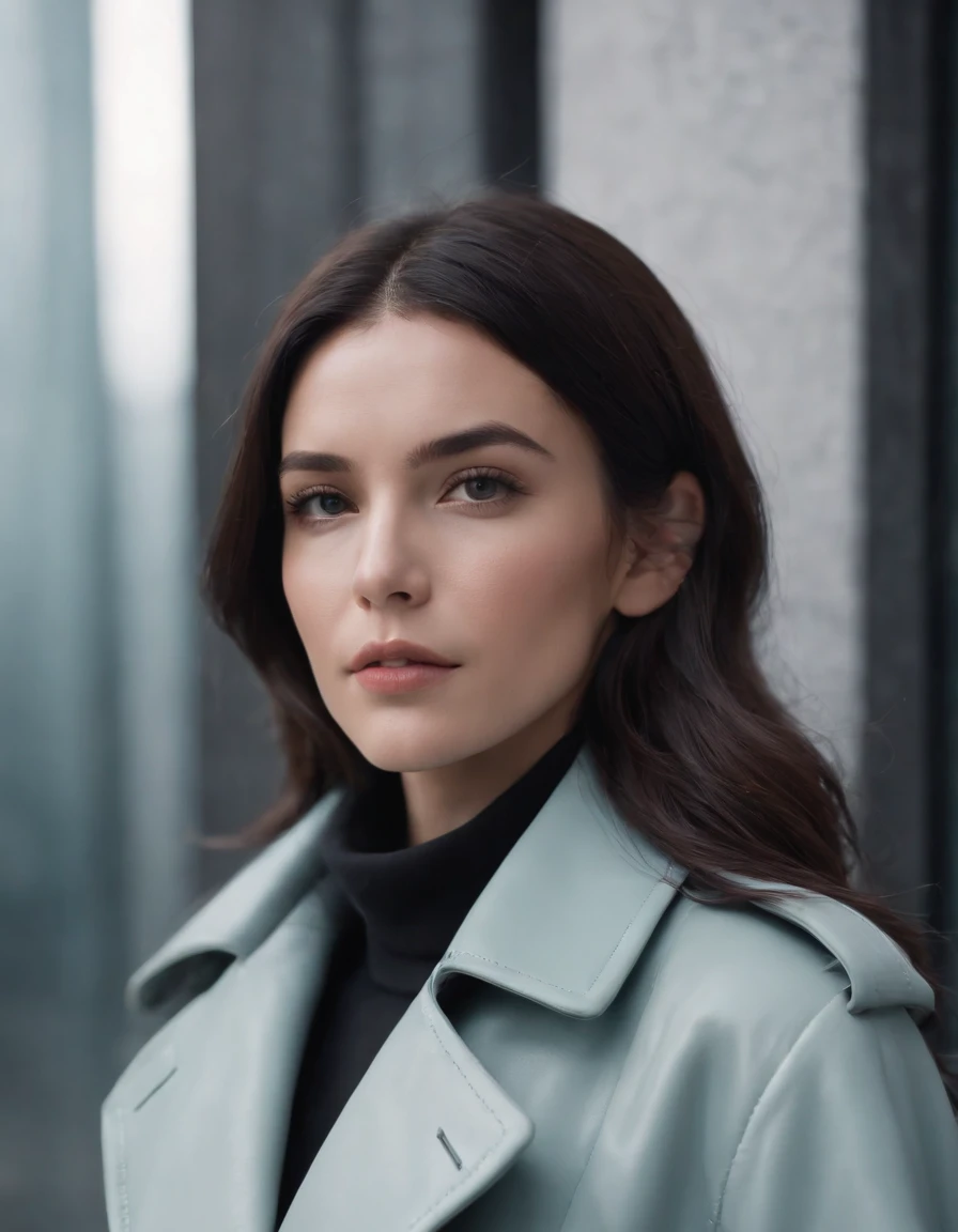 a woman wearing gray trench coat with dark hair, in the style of futuristic minimalism, close up, post-minimalist, gray and aquamarine, leather/hide, loose gestures, fashwave ,(medium shot)