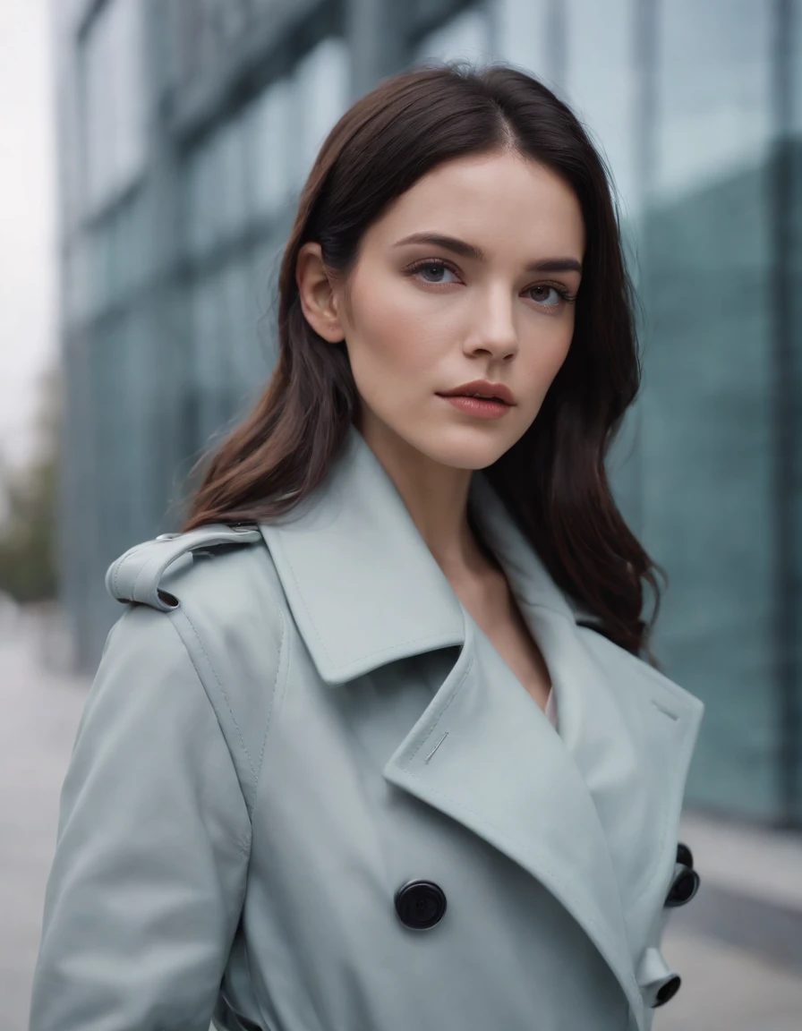 a woman wearing gray trench coat with dark hair, in the style of futuristic minimalism, close up, post-minimalist, gray and aquamarine, leather/hide, loose gestures, fashwave ,(medium shot)