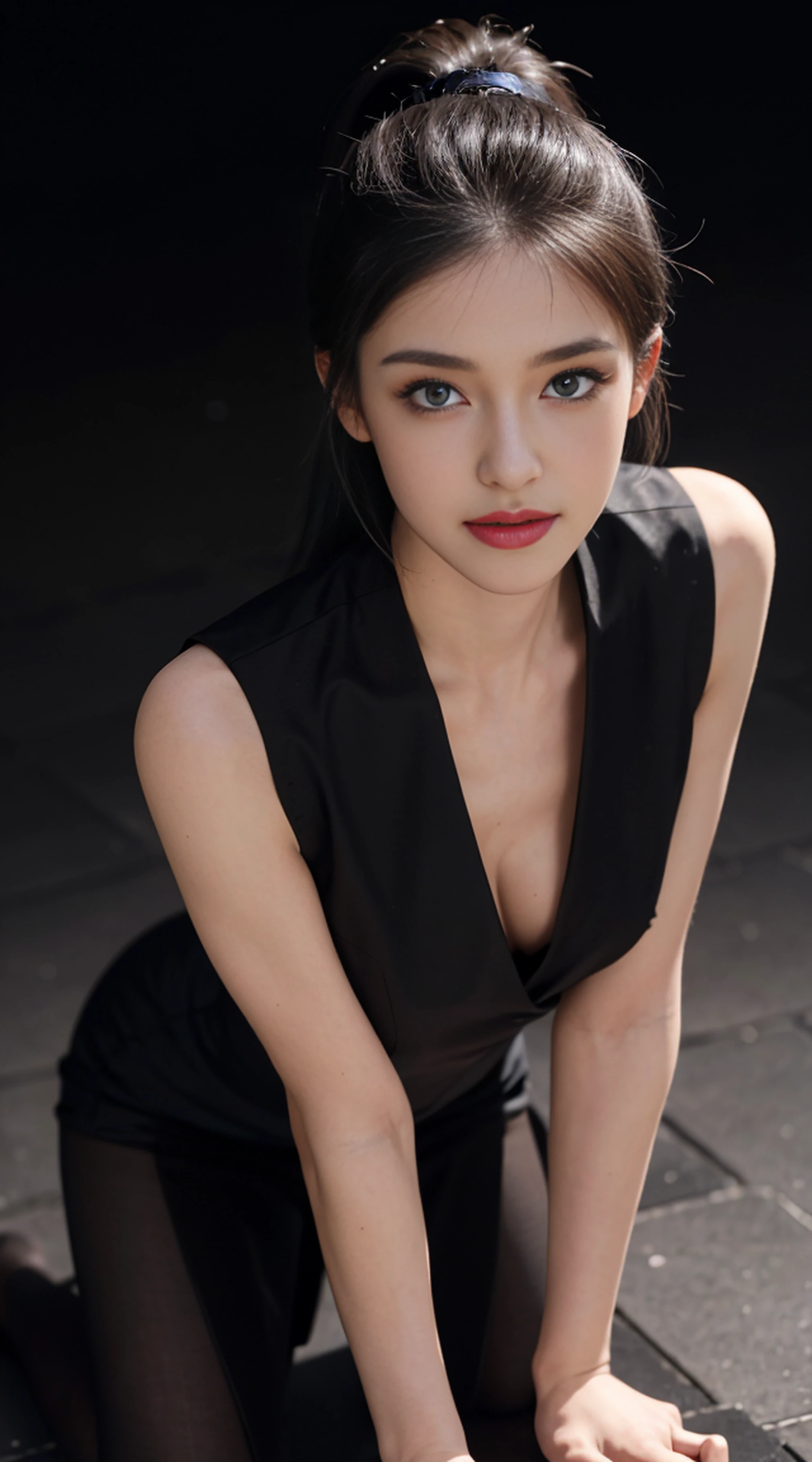8K, Top Quality, Intricate Details, Ultra Detail, Ultra High Resolution, Masterpiece, random angle, Slender, Smile, (Makeup: 0.4), (Fluffy Blue Eyes: 1.21), blue Eyes,, ((full body)), 1girl, solo, 1 girl, (( full body)), close-up shot, kneeling , , ((tall)), (((fit body))), (((slim face))), sharp face, sharp eyes, (((black hair, long hair, high ponytail , )) (detailed face), sharp face, small lips, thin lips,
((vest )), detailed face, detailed breast, , large breast, detail, , Beautiful girl with accentuated slender abs: 1.4, Six Pack Abs: 1.4, Bust Botox, Big, Perfect Body, detail leg, (( moonlight)), top of mountain