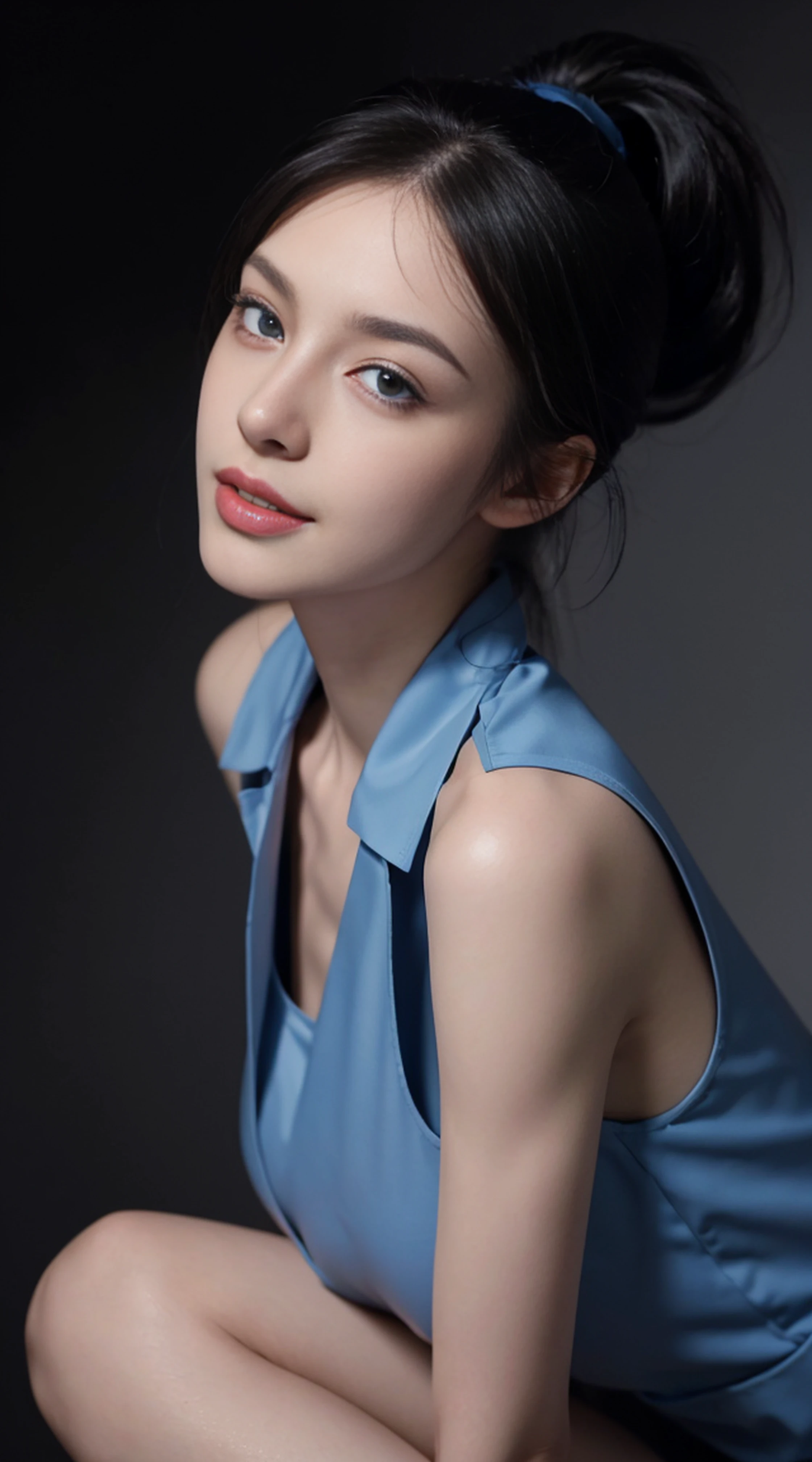 8K, Top Quality, Intricate Details, Ultra Detail, Ultra High Resolution, Masterpiece, random angle, Slender, Smile, (Makeup: 0.4), (Fluffy Blue Eyes: 1.21), blue Eyes,, ((full body)), 1girl, solo, 1 girl, (( full body)), close-up shot, sitting, on side , , ((tall)), (((fit body))), (((slim face))), sharp face, sharp eyes, (((black hair, long hair, high ponytail )) (detailed face), sharp face, small lips, thin lips,
(( vest)), detailed face, detailed breast, , large breast, detail, , Beautiful girl with accentuated slender abs: 1.4, Six Pack Abs: 1.4, Bust Botox, Big, Perfect Body, detail leg, (( moonlight)), top of mountain