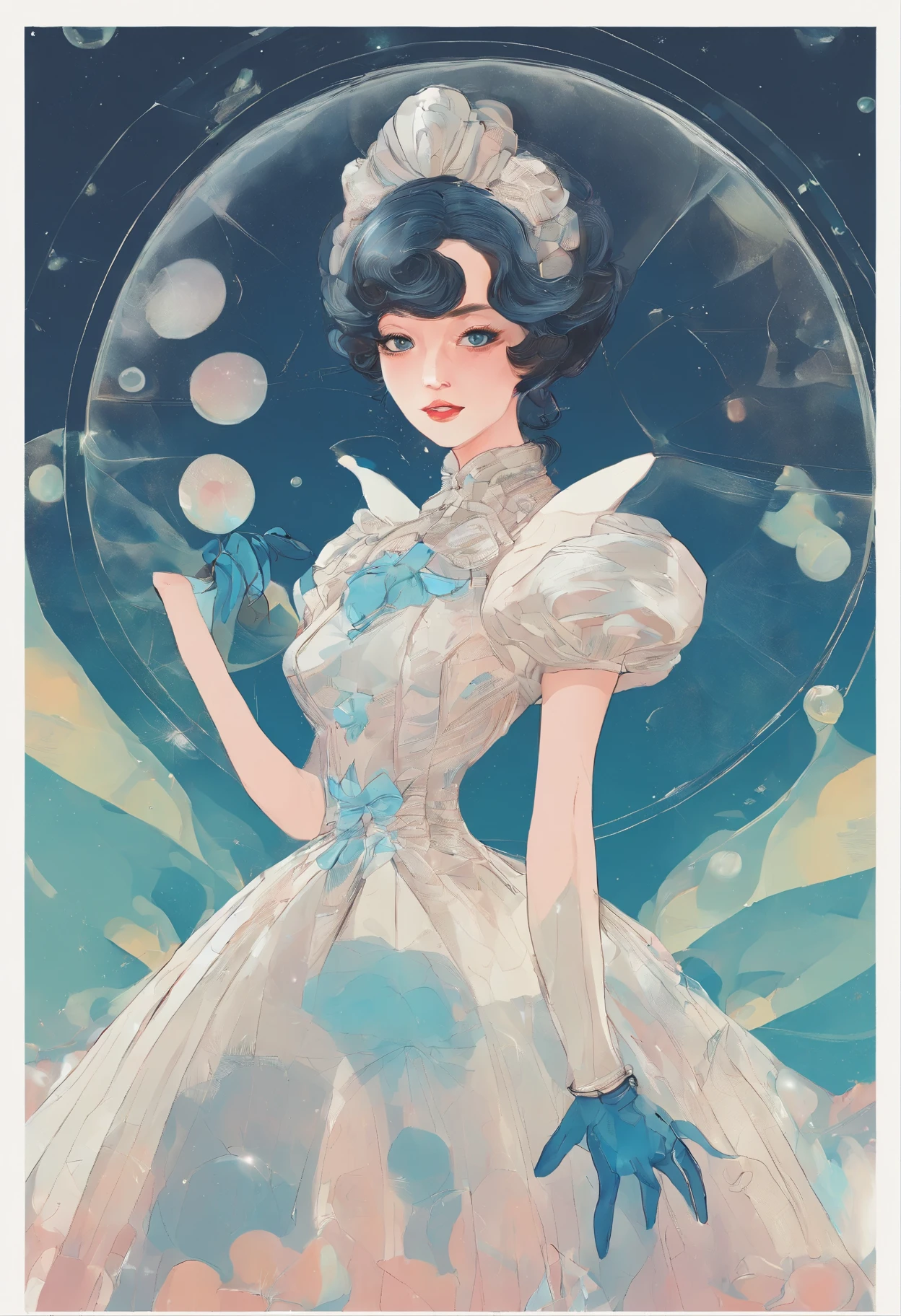 Masterpiece:1.4),, (Best quality:1.4),, Ultra-high RES,, 8K, CG,, (Extremely delicate and beautiful:1.2),,The upper part of the body,, 1girll,, Solo,, fashi-girl,, Thumbelina,Little princess,Blue taffeta court dress,Under huge mushrooms,forest backgrou ,Delicate depiction of facial features,almond eyes,Delicate eyeliner。long eyelasher,greene eyes,Black pupils,There is starlight in the eyes,Delicate lip detailing,Oil painting quality,Thick painting style