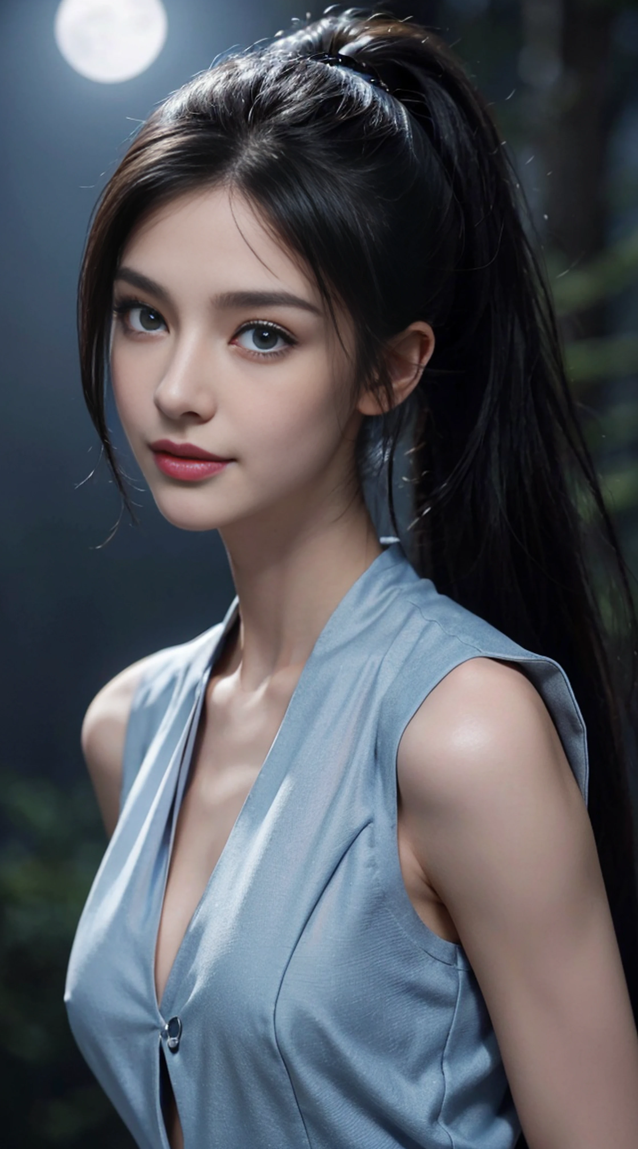 8K, Top Quality, Intricate Details, Ultra Detail, Ultra High Resolution, Masterpiece, random angle, Slender, Smile, (Makeup: 0.4), (Fluffy Blue Eyes: 1.21), blue Eyes,, ((full body)), 1girl, solo, 1 girl, (( full body)), close-up shot, standing , , ((tall)), (((fit body))), (((slim face))), sharp face, sharp eyes, (((black hair, long hair, high ponytail , )) (detailed face), sharp face, small lips, thin lips,
(( vest )), detailed face, detailed breast, , large breast, detail, , Beautiful girl with accentuated slender abs: 1.4, Six Pack Abs: 1.4, Bust Botox, Big, Perfect Body, detail leg, (( moonlight)), top of mountain