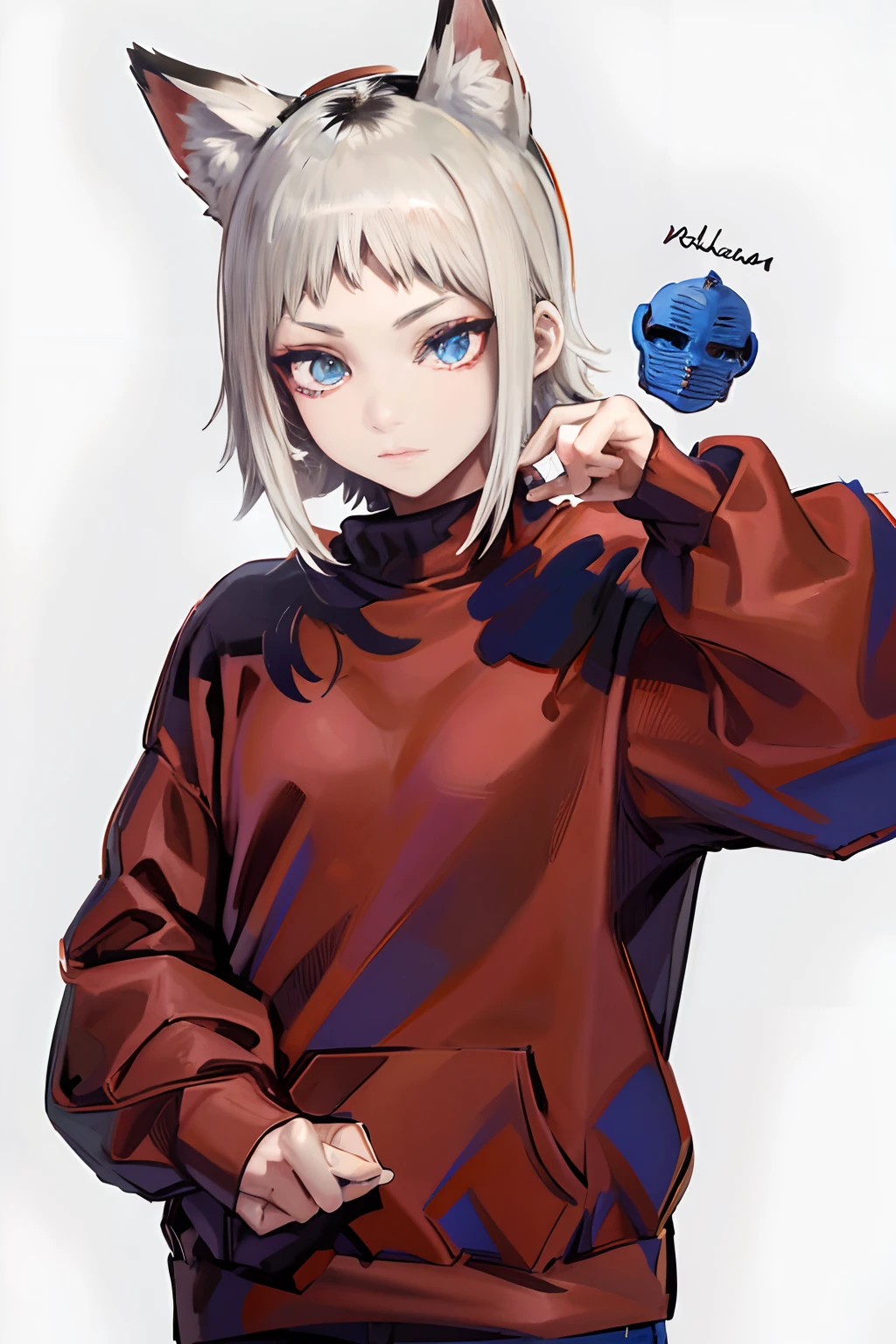 Have a sweater (negro) con (manchas rojas) y una (gorra blanca) los ojos y rostro salgan bien formados (el pelo rubio) and also have a na mask of (color azul), de pelo corto