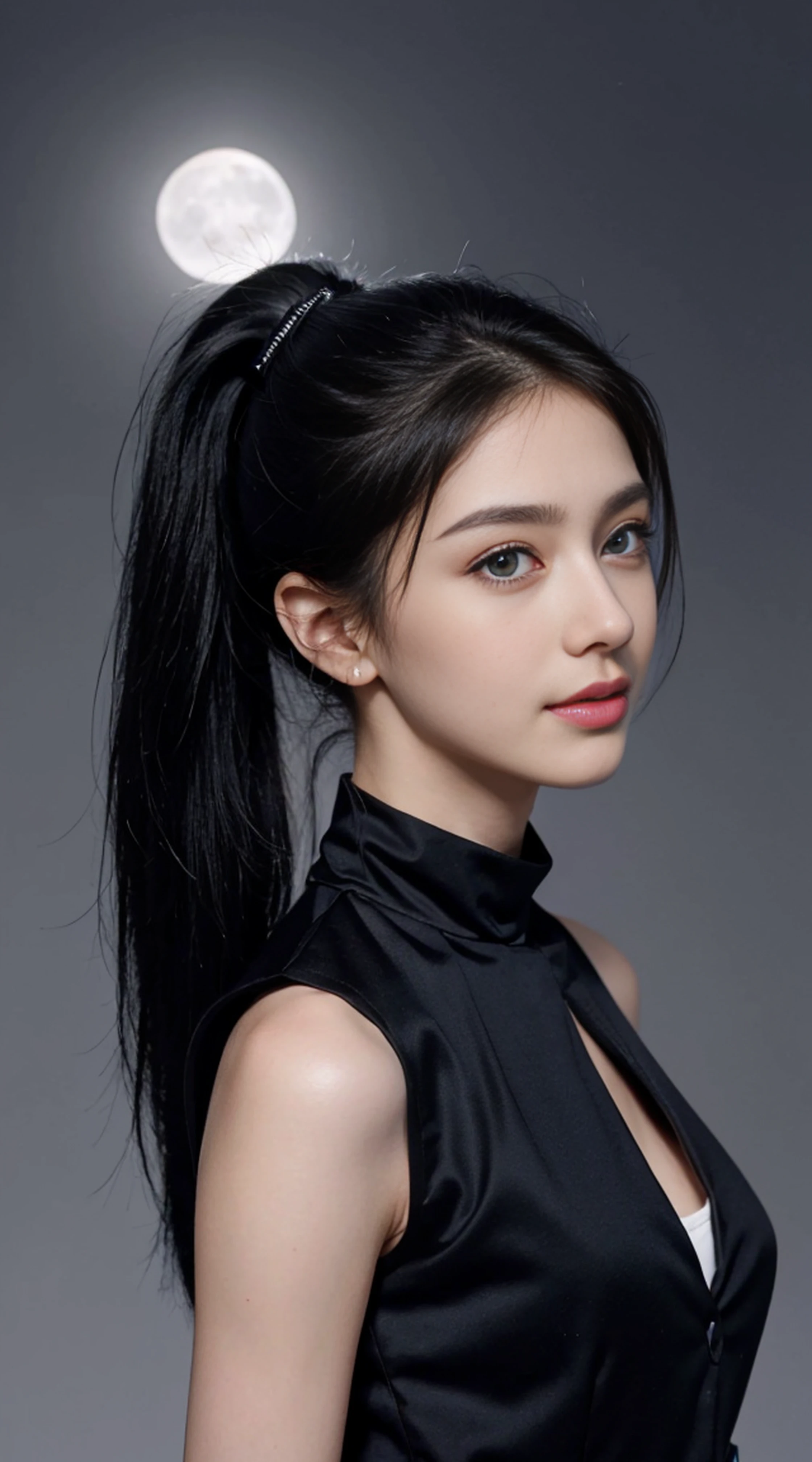 8K, Top Quality, Intricate Details, Ultra Detail, Ultra High Resolution, Masterpiece, random angle, Slender, Smile, (Makeup: 0.4), (Fluffy Blue Eyes: 1.21), blue Eyes,, ((full body)), 1girl, solo, 1 girl, (( full body)), close-up shot, standing , , ((tall)), (((fit body))), (((slim face))), sharp face, sharp eyes, (((black hair, long hair, high ponytail , )) (detailed face), sharp face, small lips, thin lips,
(( vest )), detailed face, detailed breast, , large breast, detail, , Beautiful girl with accentuated slender abs: 1.4, Six Pack Abs: 1.4, Bust Botox, Big, Perfect Body, detail leg, (( moonlight)), top of mountain