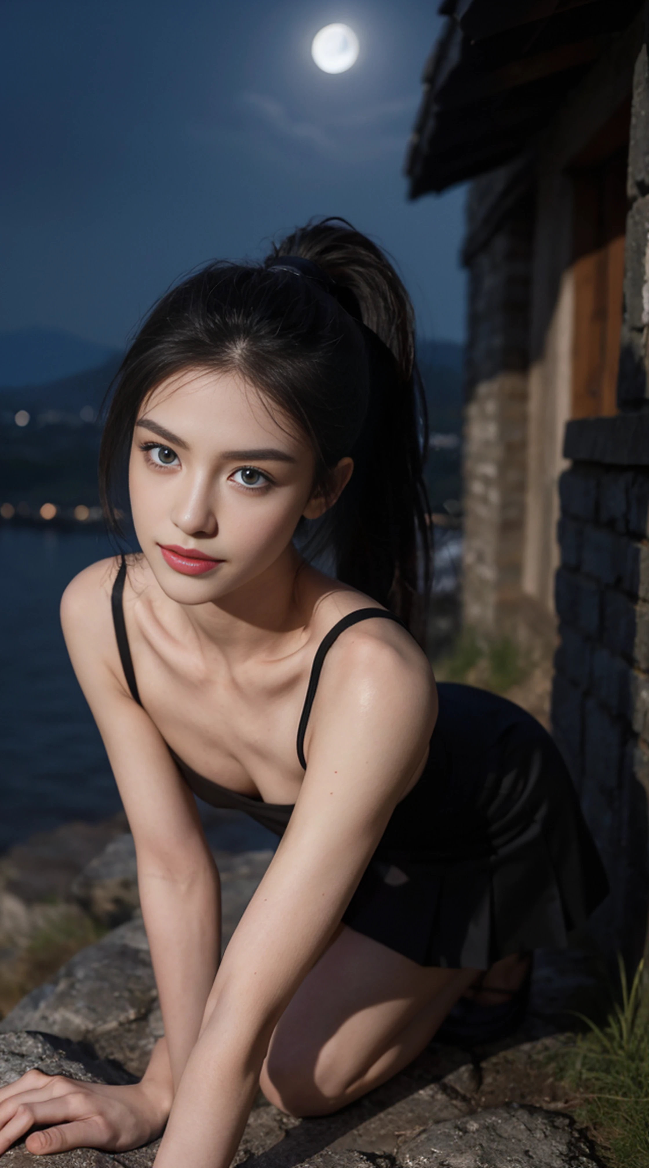 8K, Top Quality, Intricate Details, Ultra Detail, Ultra High Resolution, Masterpiece, random angle, Slender, Smile, (Makeup: 0.4), (Fluffy Blue Eyes: 1.21), blue Eyes,, ((full body)), 1girl, solo, 1 girl, (( full body)), close-up shot, kneeling , , ((tall)), (((fit body))), (((slim face))), sharp face, sharp eyes, (((black hair, long hair, high ponytail , )) (detailed face), sharp face, small lips, thin lips,
((A-line skirt )), detailed face, detailed breast, , large breast, detail, , Beautiful girl with accentuated slender abs: 1.4, Six Pack Abs: 1.4, Bust Botox, Big, Perfect Body, detail leg, (( moonlight)), top of mountain