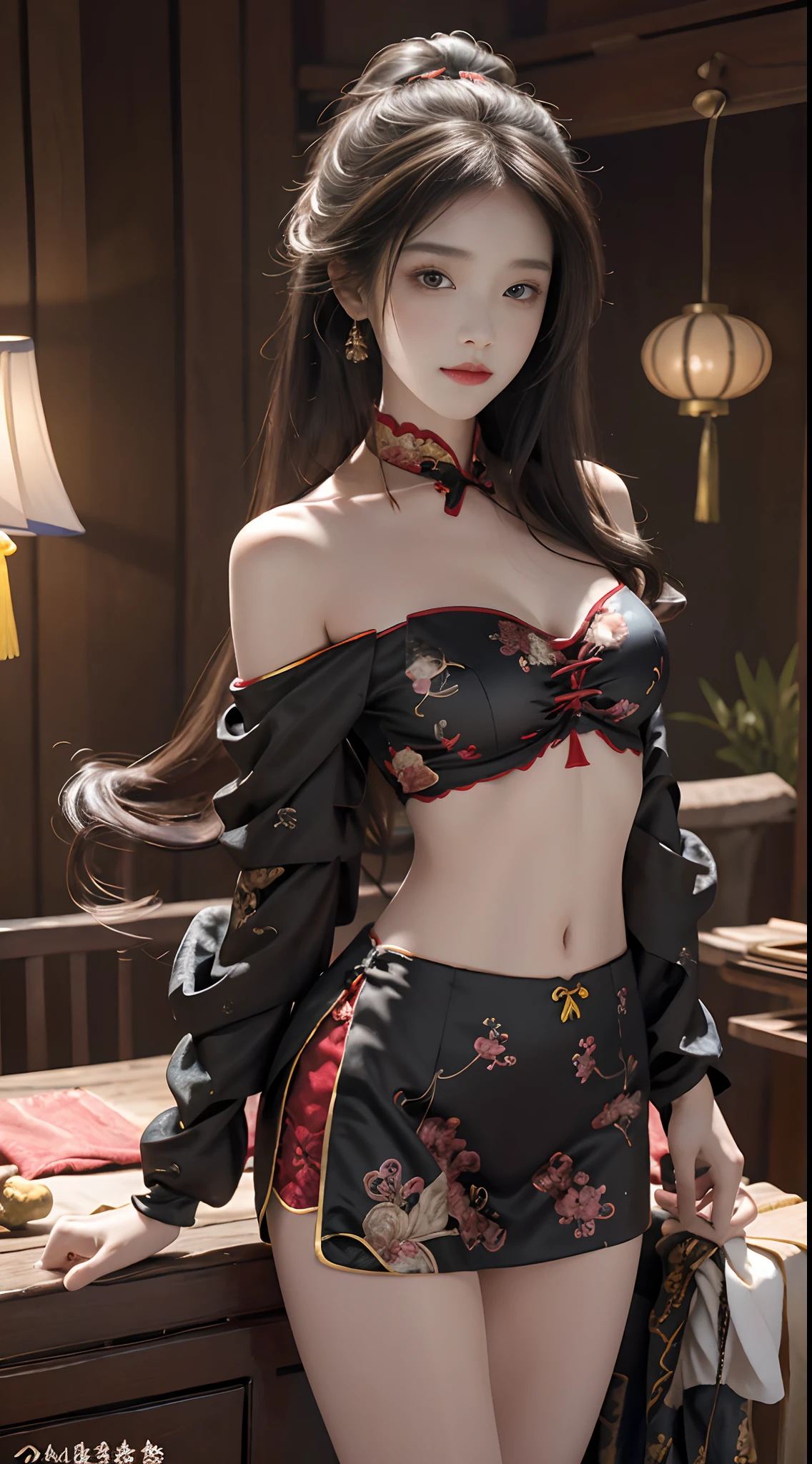 Official Art, Unified 8K Wallpapers, Ultra Detailed, Beautiful and Aesthetic, Masterpiece, Best Quality, (Zentangle, Tangle, Entangle), (fractal art: 1.4), (character center: 1.3), 1girl, black hair, Chinese, off-the-shoulder, short skirt, calf, navel, very detailed, dynamic angle, cowboyshot, (most beautiful form chaos), flowing, (bright colors), oc, (medium breasts), Chinese costume pajamas transparent