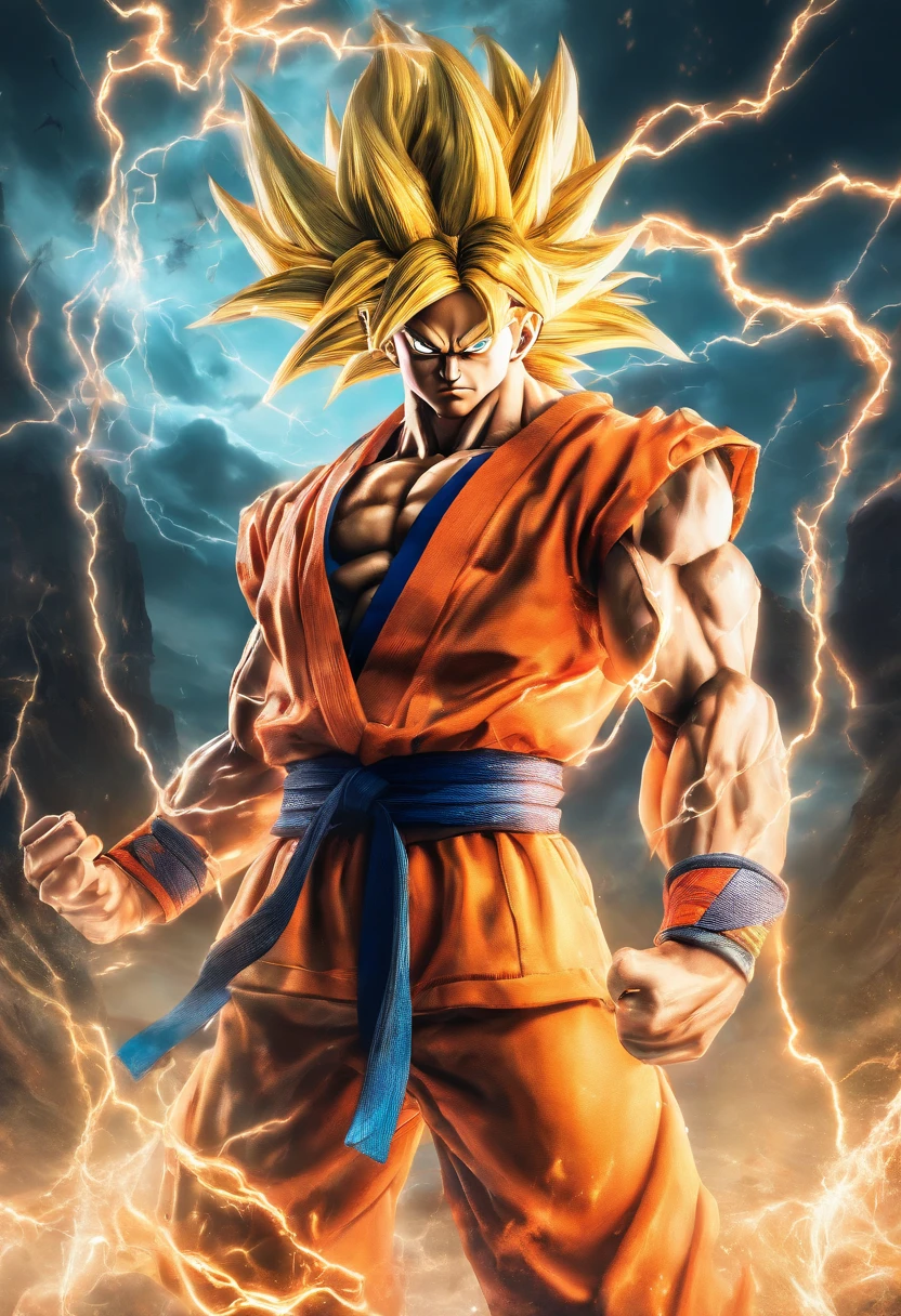 realistic 3d rendering of goku super saiyan 3 fused aquaman, surrounded by lightning, big muscular, full body photography, hyperrealistic, masterpiece, ultra-detailed,