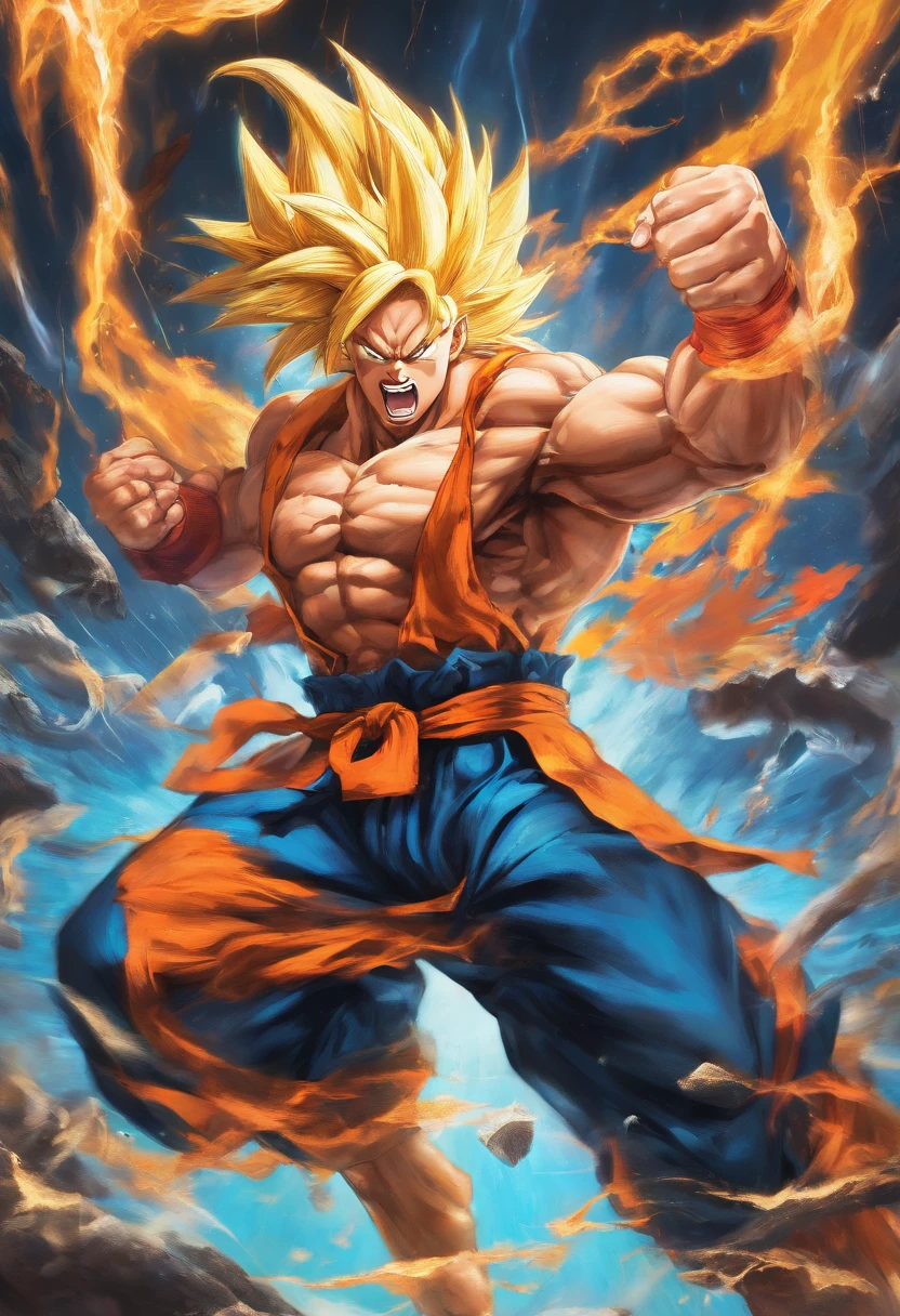 realistic 3d rendering of goku super saiyan 3 fused aquaman, surrounded by lightning, big muscular, full body photography, hyperrealistic, masterpiece, ultra-detailed,