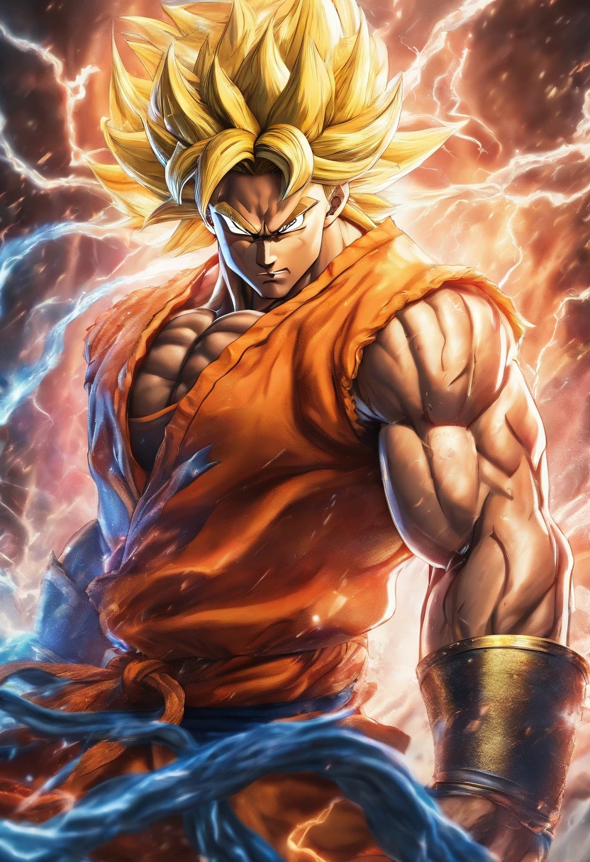 realistic 3d rendering of goku super saiyan 3 fused aquaman, surrounded by lightning, big muscular, full body photography, hyperrealistic, masterpiece, ultra-detailed,