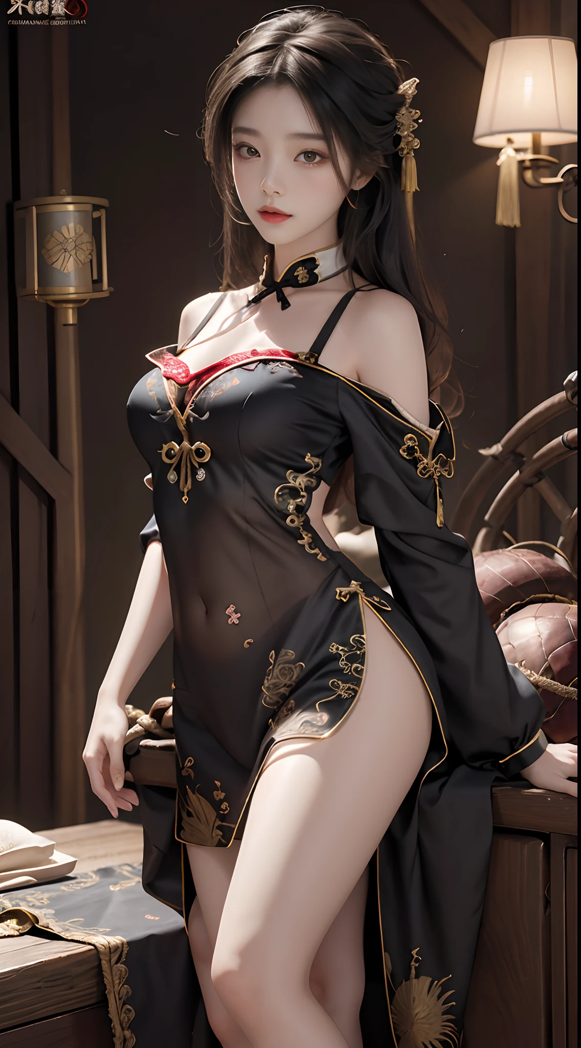Official Art, Unified 8K Wallpapers, Ultra Detailed, Beautiful and Aesthetic, Masterpiece, Best Quality, (Zentangle, Tangle, Entangle), (fractal art: 1.4), (character center: 1.3), 1girl, black hair, Chinese, off-the-shoulder, short skirt, calf, navel, very detailed, dynamic angle, cowboyshot, (most beautiful form chaos), flowing, (bright colors), oc, (medium breasts), Chinese costume pajamas transparent