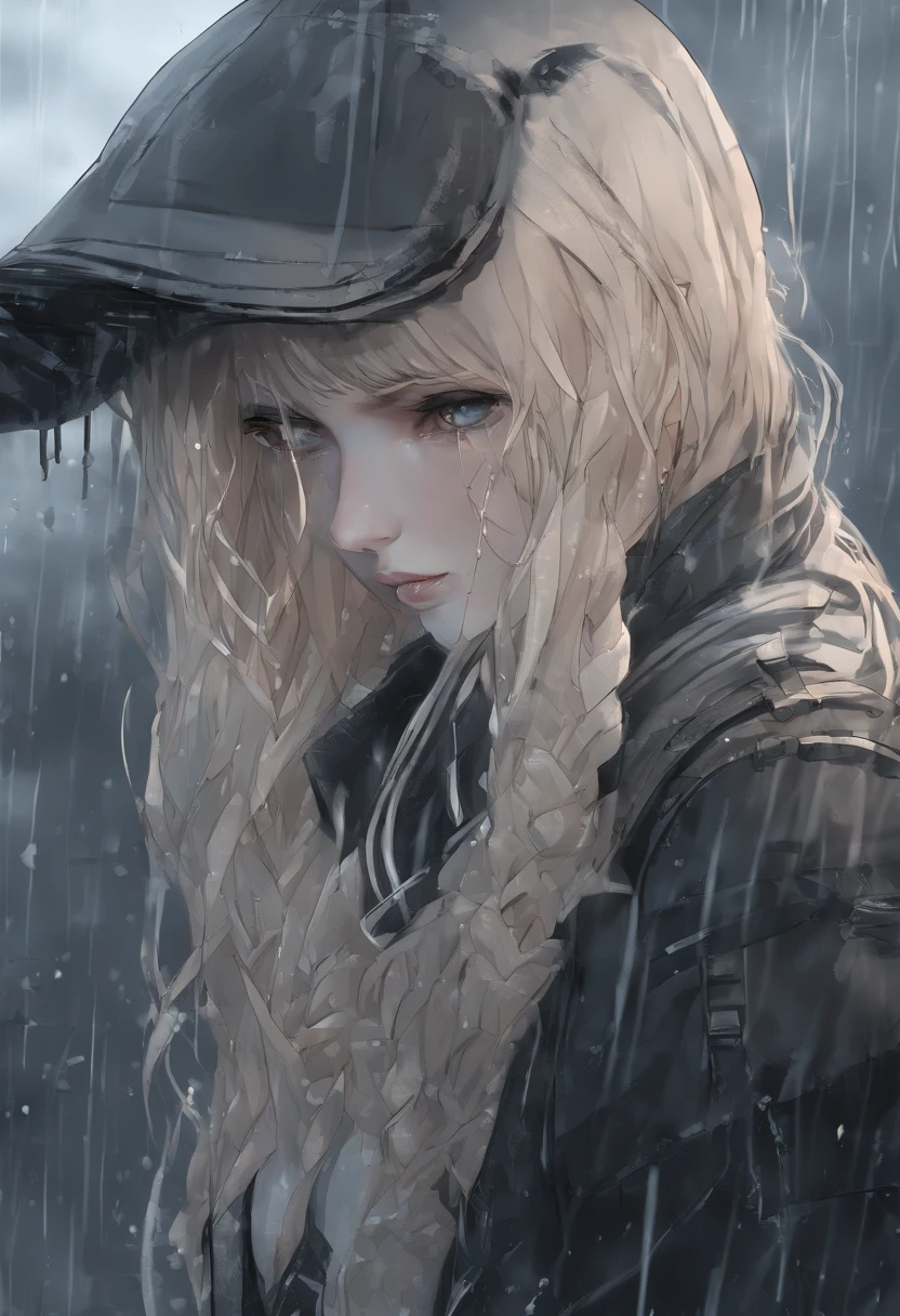 Sad girl,cry,darkness,Rain sky,。.。.。.。.。.。.。.。.。.。.。.。.。.。.。.。.。.。.。.。.。.。.。.。.。.。.。.3D,Upscale,hard disk,Blonde short,is crying,with his back turned