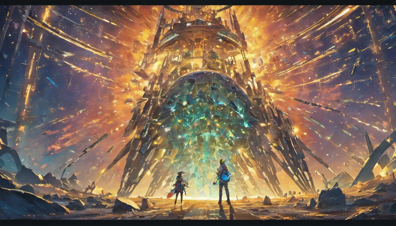 A futuristic complex spacecraft stands still in space,The hull is broken, Robots and astronauts are repairing,The background is the vastness of the universe,Outstanding details,sci-fi illustrations,Realisticstyle