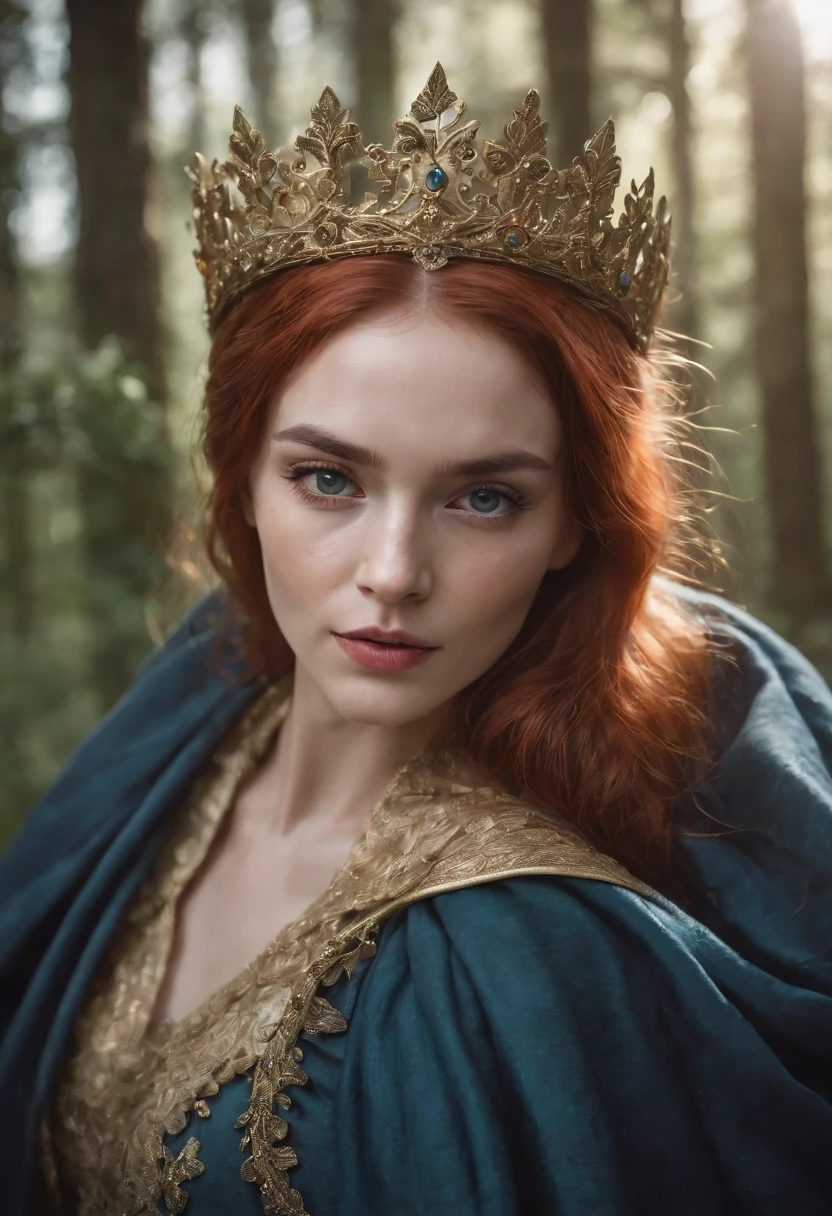 Woman with an ice tiara on her head and a navy blue winter cloak with golden details, RPG personagem, Medieval era,Mulher elfa. Red-haired Elf, Blue Eyes,Forest Elf, Moss Green Armor,soft illumination,Standing in the middle of the forest,Dense forest, fantastic setting,Daylight,Sunlight,Warm color enhancements,Blue and yellow green palette, Guweiz style artwork, extremely detailed artgerm, detailed castle background, hyper detailed, by lee jeffries, ultra-detalhado, (pele altamente detalhada: 1.2), 8k UHD, DSLR, soft ilumination, alta qualidade,modelo ig | artgerm,rossdraws, obra de arte no estilo de guweiz, foto sincera POV, por lee jeffries, Nikon d850, filme fotografia de estoque ,4 kodak portra 400, F1 camera lens,cores ricas, hiper realista, textura realista, lighting dramatic, cinestill 800
