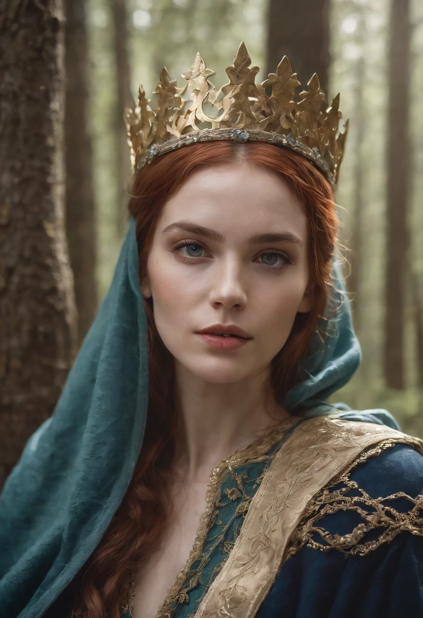 Woman with an ice tiara on her head and a navy blue winter cloak with golden details, RPG personagem, Medieval era,Mulher elfa. Red-haired Elf, Blue Eyes,Forest Elf, Moss Green Armor,soft illumination,Standing in the middle of the forest,Dense forest, fantastic setting,Daylight,Sunlight,Warm color enhancements,Blue and yellow green palette, Guweiz style artwork, extremely detailed artgerm, detailed castle background, hyper detailed, by lee jeffries, ultra-detalhado, (pele altamente detalhada: 1.2), 8k UHD, DSLR, soft ilumination, alta qualidade,modelo ig | artgerm,rossdraws, obra de arte no estilo de guweiz, foto sincera POV, por lee jeffries, Nikon d850, filme fotografia de estoque ,4 kodak portra 400, F1 camera lens,cores ricas, hiper realista, textura realista, lighting dramatic, cinestill 800