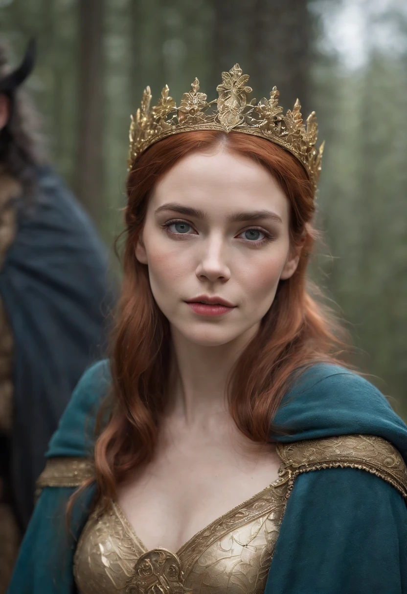 Woman with an ice tiara on her head and a navy blue winter cloak with golden details, RPG personagem, Medieval era,Mulher elfa. Red-haired Elf, Blue Eyes,Forest Elf, Moss Green Armor,soft illumination,Standing in the middle of the forest,Dense forest, fantastic setting,Daylight,Sunlight,Warm color enhancements,Blue and yellow green palette, Guweiz style artwork, extremely detailed artgerm, detailed castle background, hyper detailed, by lee jeffries, ultra-detalhado, (pele altamente detalhada: 1.2), 8k UHD, DSLR, soft ilumination, alta qualidade,modelo ig | artgerm,rossdraws, obra de arte no estilo de guweiz, foto sincera POV, por lee jeffries, Nikon d850, filme fotografia de estoque ,4 kodak portra 400, F1 camera lens,cores ricas, hiper realista, textura realista, lighting dramatic, cinestill 800