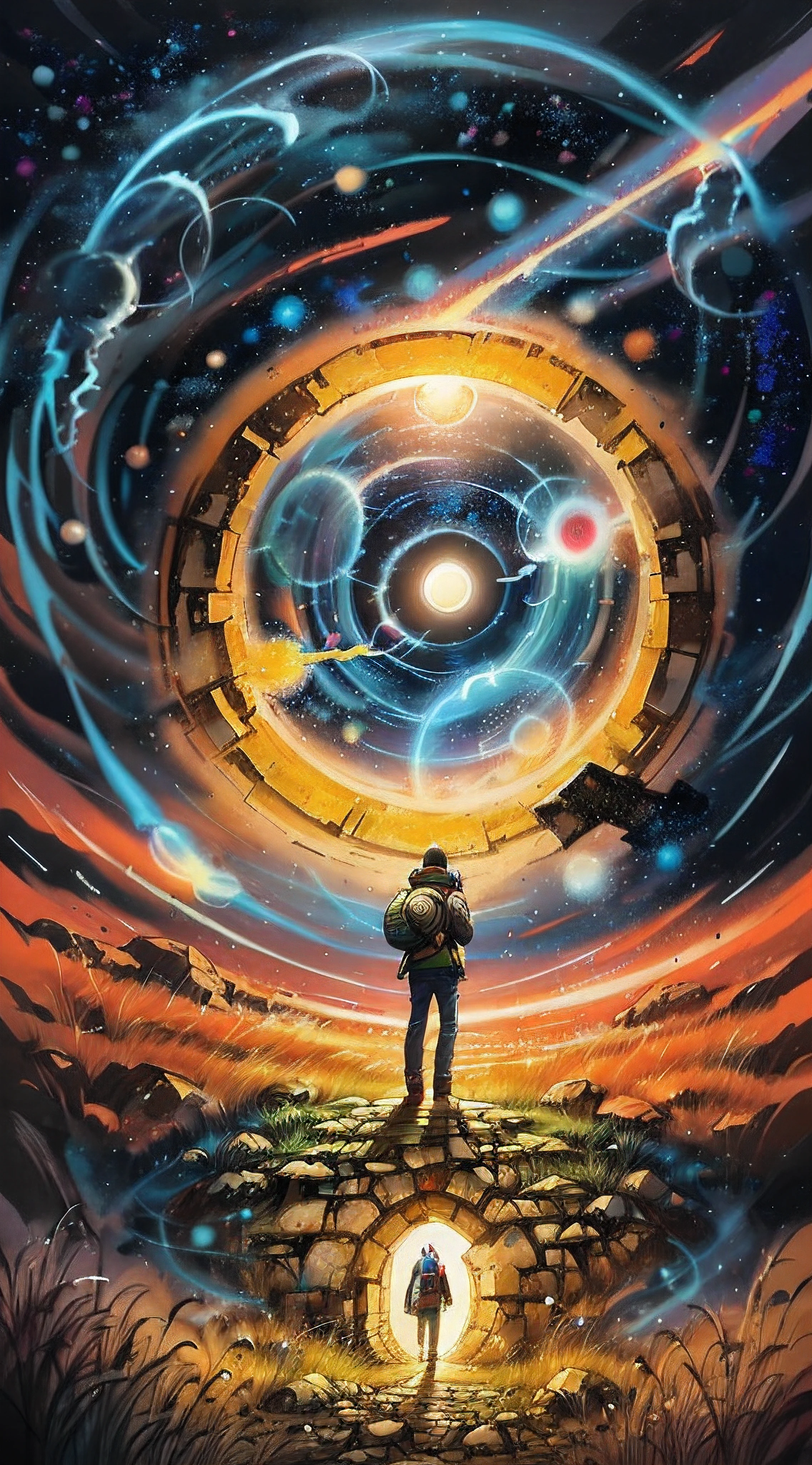 person, standing in front of a space portal overlooking the sun, Cyril Rolando and Goro Fujita, A portal to another universe, inspired by Cyril Rolando, Portal to another dimension, world, visible only through the portal, high quality fantasy stock photo, Portal to another world, Portal to outer space, in the style of Cyril Rolando, Looking into space, universe, Magical Galactic Portal, The Cycle of the Stars, God