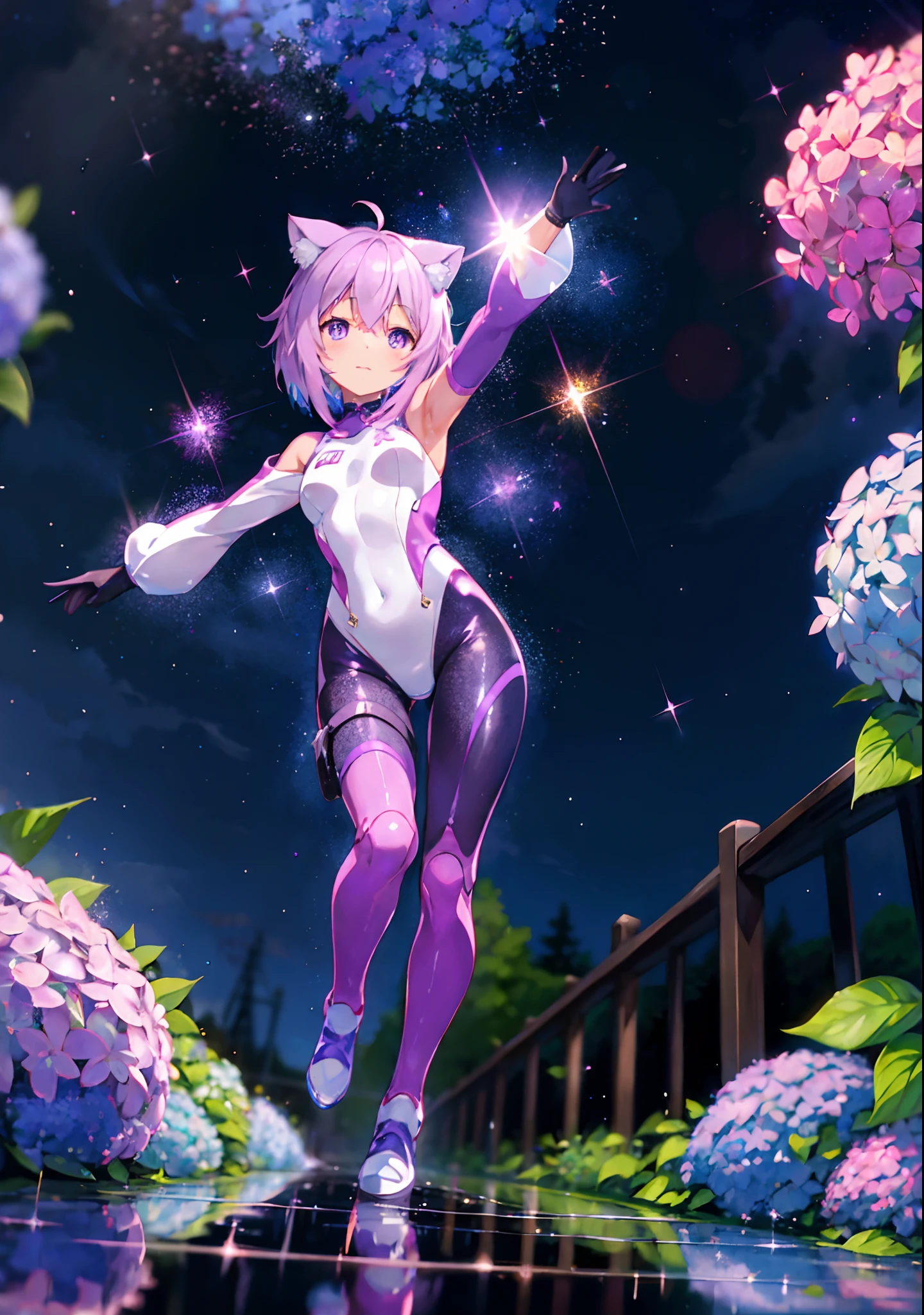 (solo), cute (1girl) walking,path,[from below:1.2],sine short hair, puddle,Water Reflection,rain,floating water drop,hydrangea,(blurry foreground),dynamic angle,asphalt,(night sky),lens flare, (glitter:1.2) presenting armpit, nekomata okayu, shrug \(clothing\), pink bodysuit, gloves