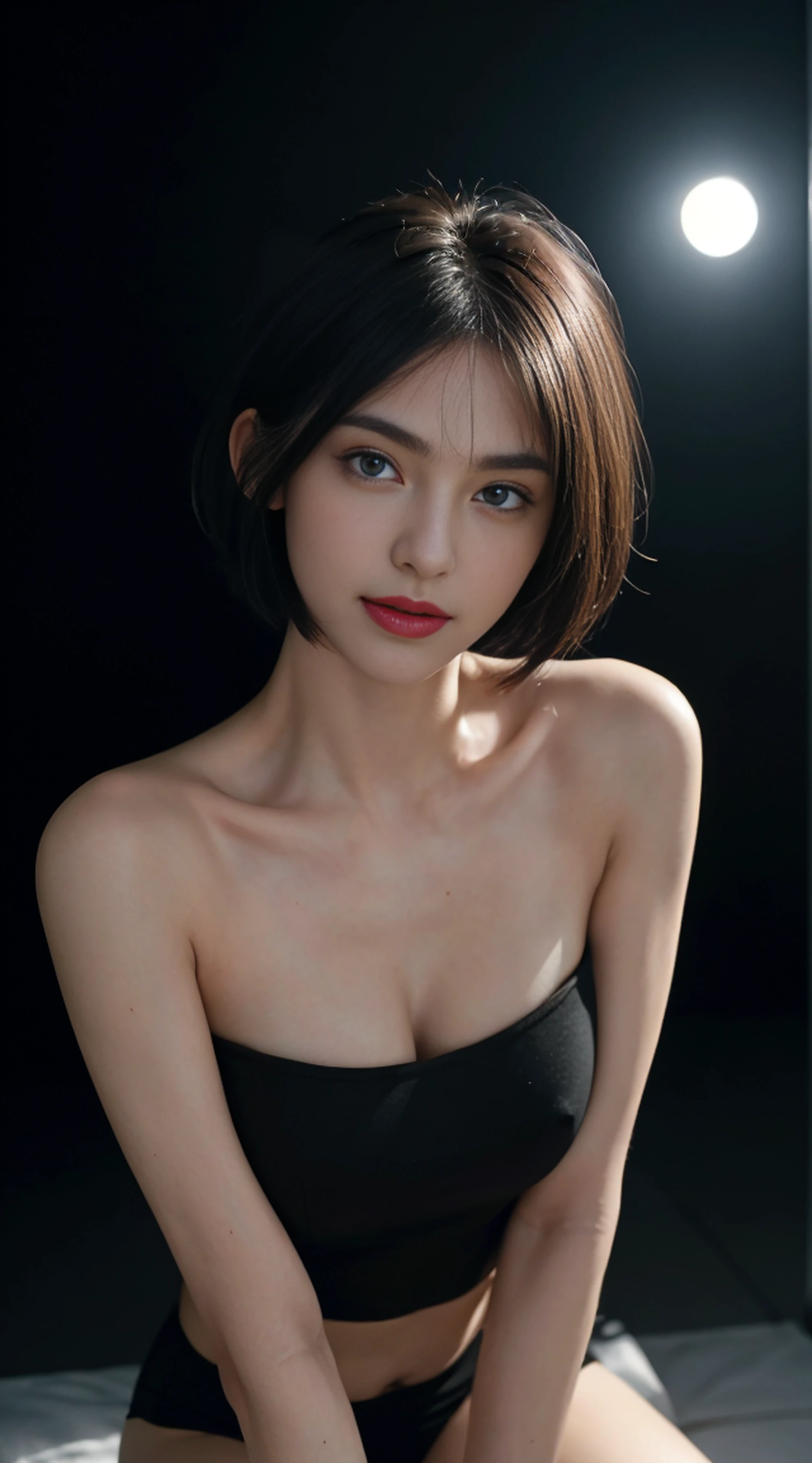 8K, Top Quality, Intricate Details, Ultra Detail, Ultra High Resolution, Masterpiece, random angle, Slender, Smile, (Makeup: 0.4), (Fluffy Blue Eyes: 1.21), blue Eyes,, ((full body)), 1girl, solo, 1 girl, (( full body)), close-up shot, kneeling , , ((tall)), (((fit body))), (((slim face))), sharp face, sharp eyes, (((black hair, short hair, bob hair , )) (detailed face), sharp face, small lips, thin lips,
(( crop top )), detailed face, detailed breast, , large breast, detail, , Beautiful girl with accentuated slender abs: 1.4, Six Pack Abs: 1.4, Bust Botox, Big, Perfect Body, detail leg, (( moonlight)), top of mountain