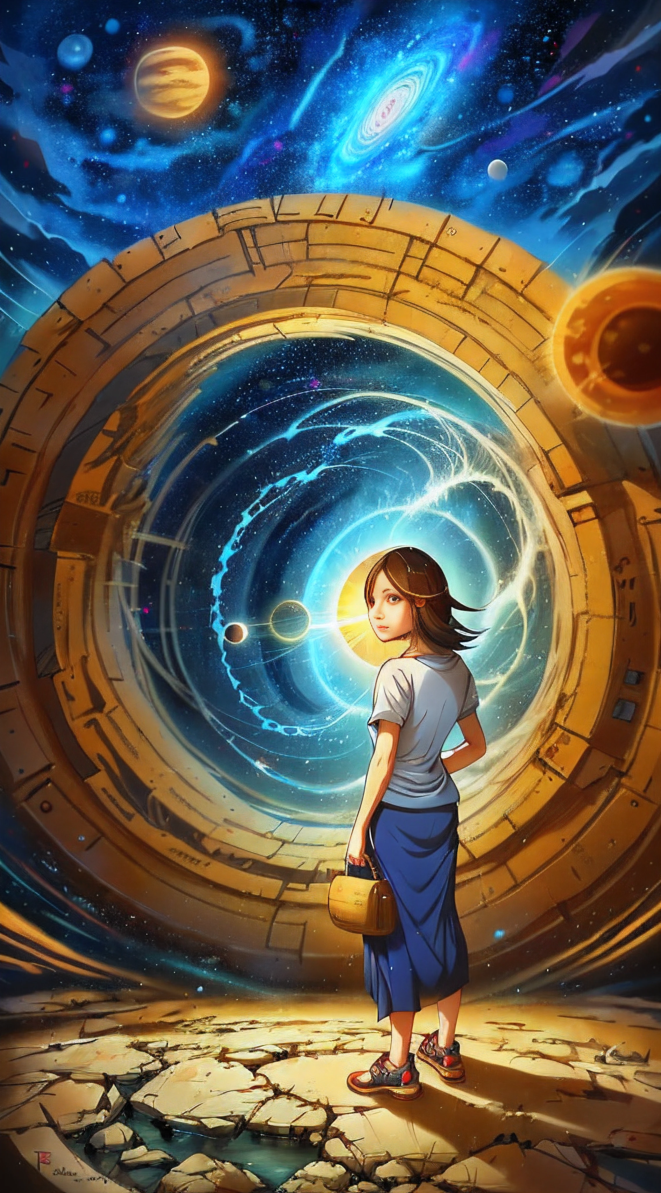 person, standing in front of a space portal overlooking the sun, Cyril Rolando and Goro Fujita, A portal to another universe, inspired by Cyril Rolando, Portal to another dimension, world, visible only through the portal, high quality fantasy stock photo, Portal to another world, Portal to outer space, in the style of Cyril Rolando,  Looking into space, universe, Magical Galactic Portal, The Cycle of the Stars, God