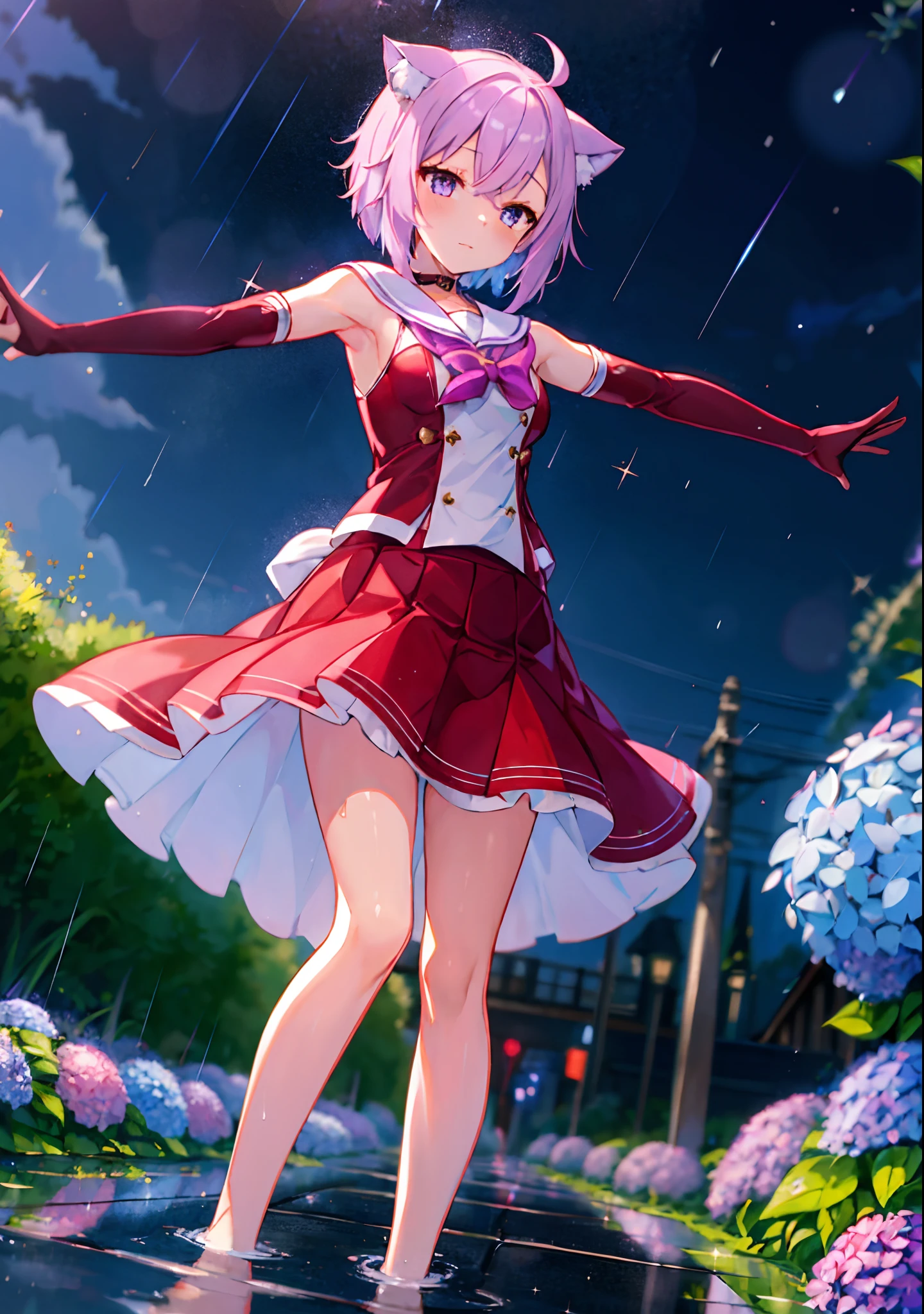 (solo), cute (1girl) walking,path,[from below:1.2],sine short hair, puddle,Water Reflection,rain,floating water drop,hydrangea,(blurry foreground),dynamic angle,asphalt,(night sky),lens flare, (glitter:1.2) presenting armpit, nekomata okayu, outfit-tsubaki, breast curtain, red skirt, red sailor collar, elbow gloves