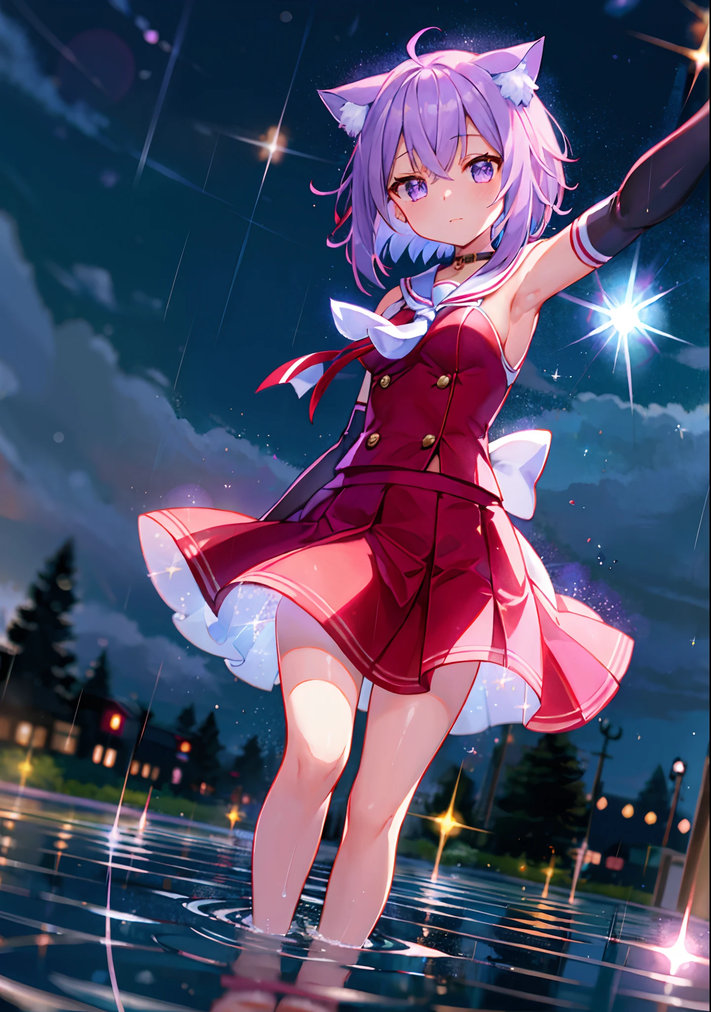 (solo), cute (1girl) walking,path,[from below:1.2],sine short hair, puddle,Water Reflection,rain,floating water drop,hydrangea,(blurry foreground),dynamic angle,asphalt,(night sky),lens flare, (glitter:1.2) presenting armpit, nekomata okayu, outfit-tsubaki, breast curtain, red skirt, red sailor collar, elbow gloves