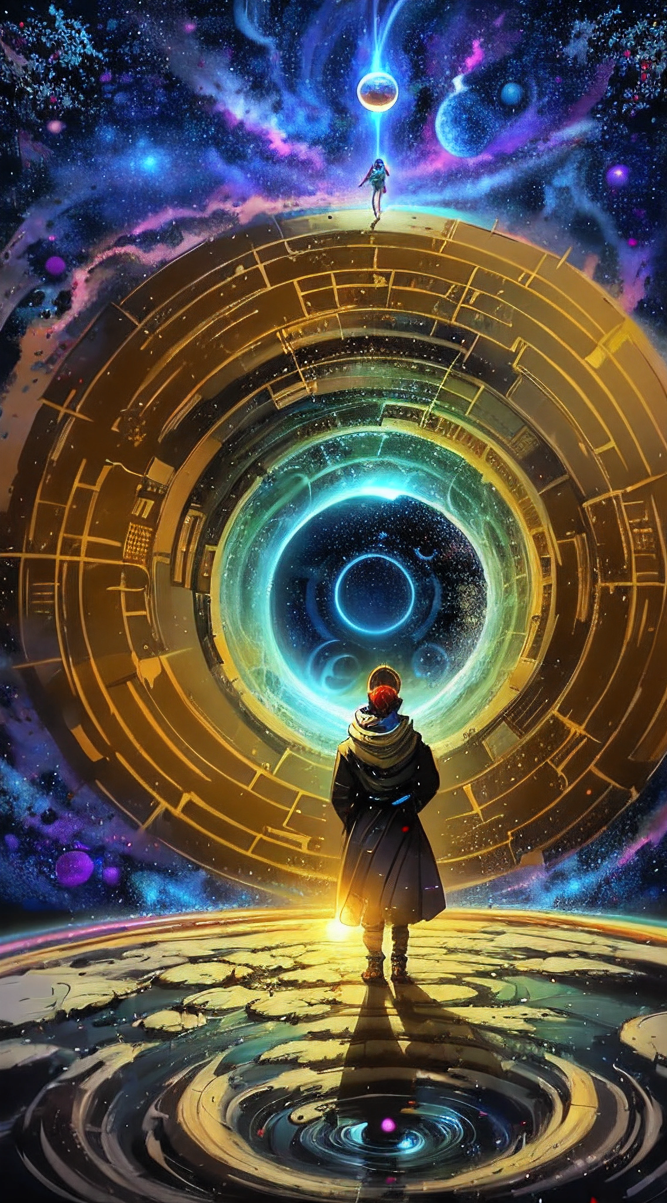 person, standing in front of a space portal overlooking the sun, Cyril Rolando and Goro Fujita, A portal to another universe, inspired by Cyril Rolando, Portal to another dimension, world, visible only through the portal, high quality fantasy stock photo, Portal to another world, Portal to outer space, in the style of Cyril Rolando, Looking into space, universe, Magical Galactic Portal, The Cycle of the Stars, God