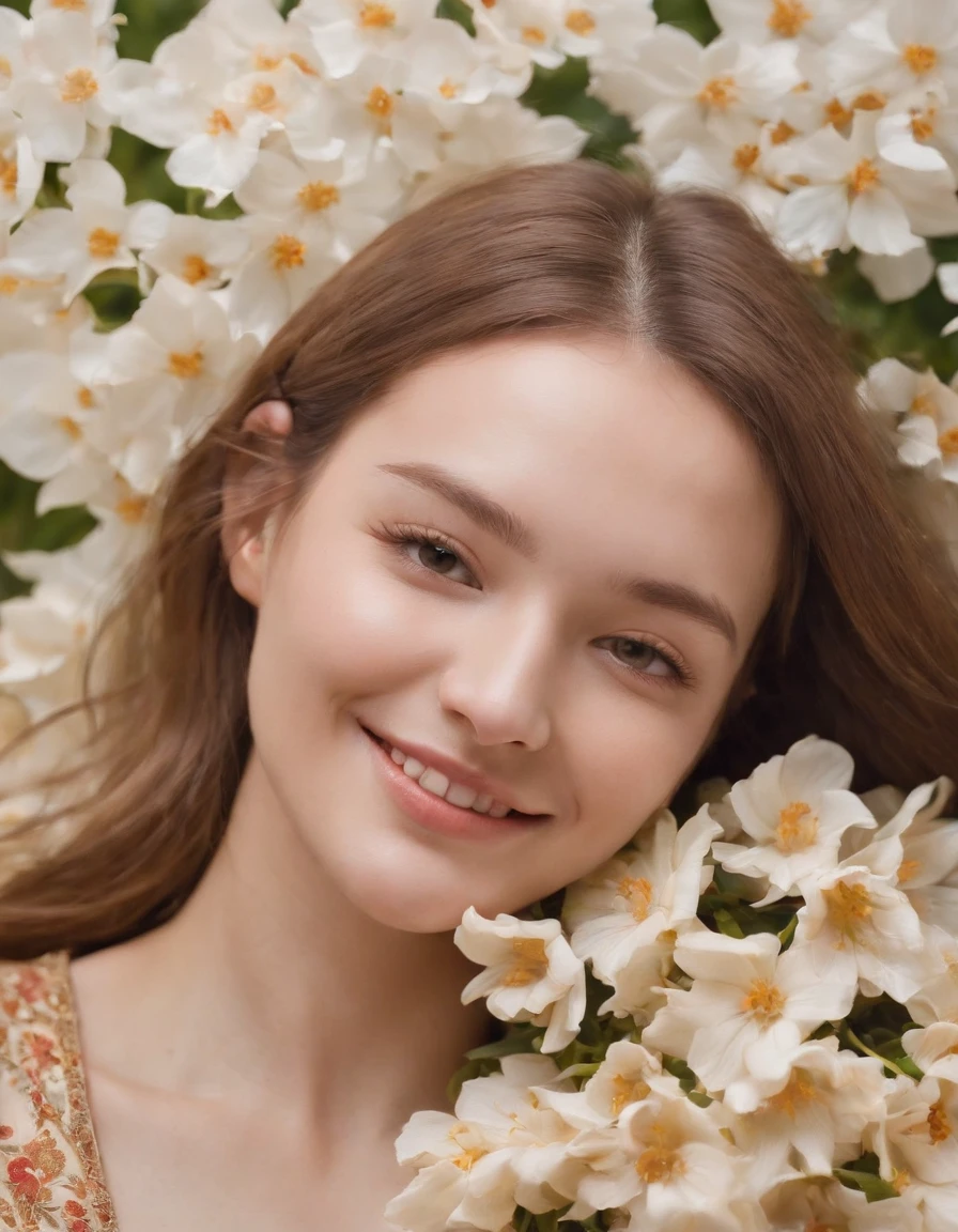 a young woman covered in flowers with a smile on her face, in the style of surrealistic dreamlike scenes, asian-inspired, macro photography, pompeo batoni, fragmented portraiture, highly realistic, high-angle