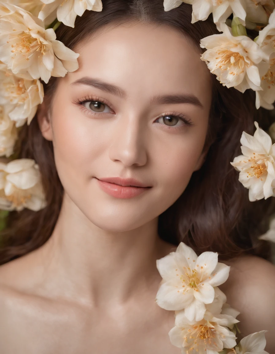 a young woman covered in flowers with a smile on her face, in the style of surrealistic dreamlike scenes, asian-inspired, macro photography, pompeo batoni, fragmented portraiture, highly realistic, high-angle
