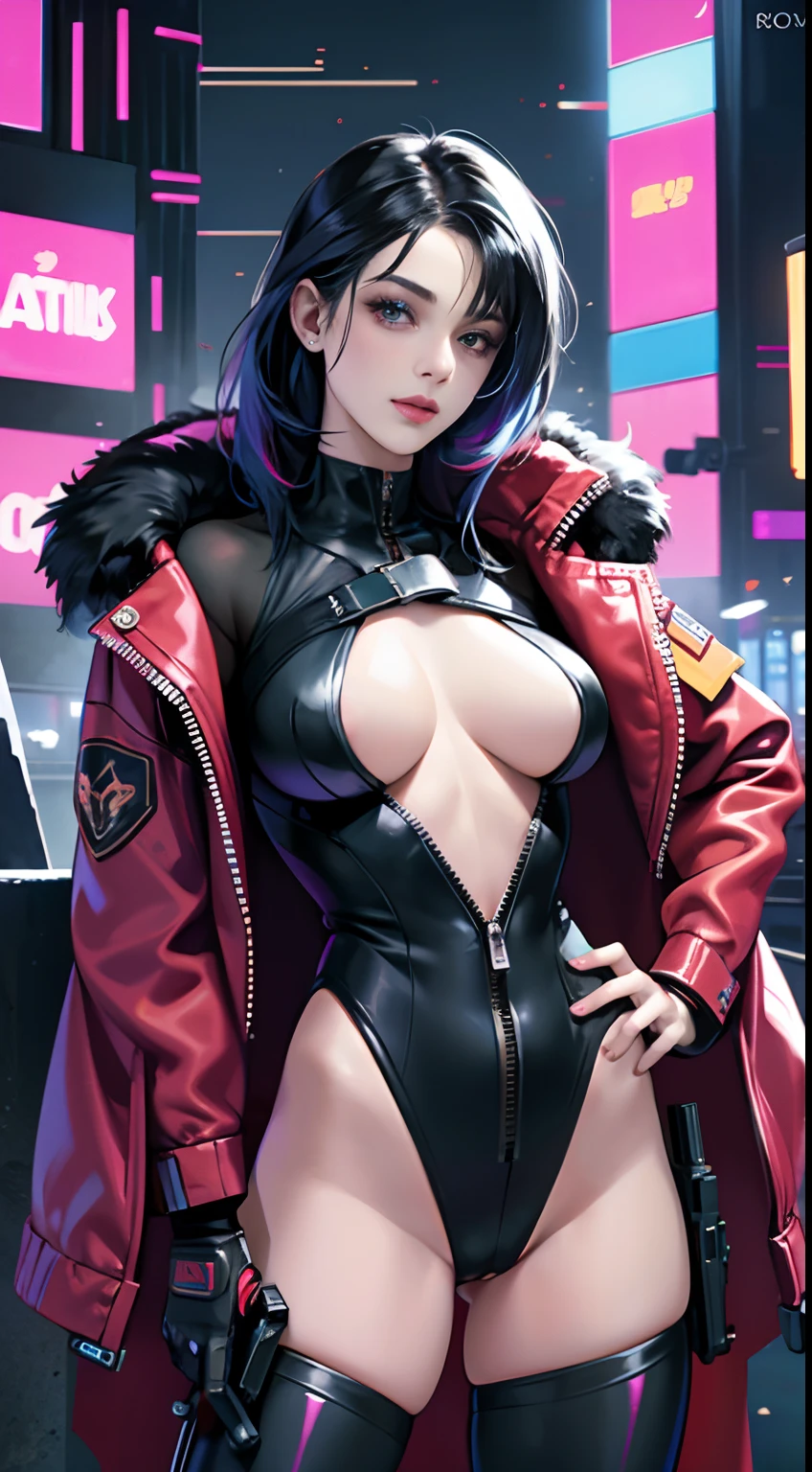 Nsfw,a female cyborg,erotic posing,skimpy costume,cosplayer,colourful jacket,cloak,pussy,busty,pubic hair,glamour,psychedelic tone,armored,A Cyberpunk dystopian girl,fantasic dystopia,dystopian scape,bladerunner,ghost in the shell,photorealistic,psychedelic colourful tone,posing,armed,guns,weapons,masterpiece,detailed,8k,Nsfw,MILF,octane render,detailed Cyberpunk background