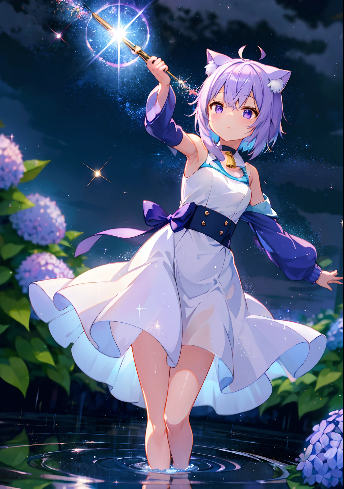 (solo), cute (1girl) walking,path,[from below:1.2],sine short hair, puddle,Water Reflection,rain,floating water drop,hydrangea,(blurry foreground),dynamic angle,asphalt,(night sky),lens flare, (glitter:1.2) presenting armpit, nekomata okayu, outfit-ak, blue jacket, long sleeves, neck bell