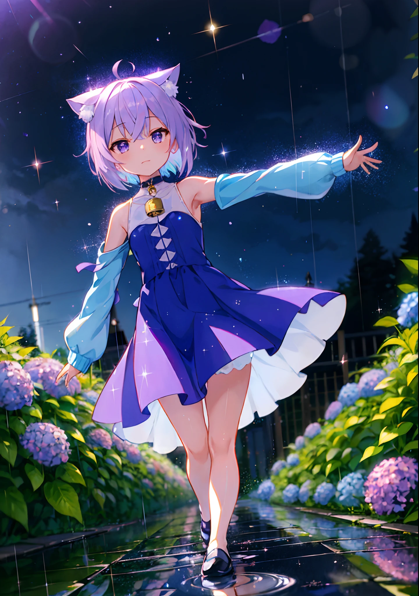 (solo), cute (1girl) walking,path,[from below:1.2],sine short hair, puddle,Water Reflection,rain,floating water drop,hydrangea,(blurry foreground),dynamic angle,asphalt,(night sky),lens flare, (glitter:1.2) presenting armpit, nekomata okayu, outfit-ak, blue jacket, long sleeves, neck bell