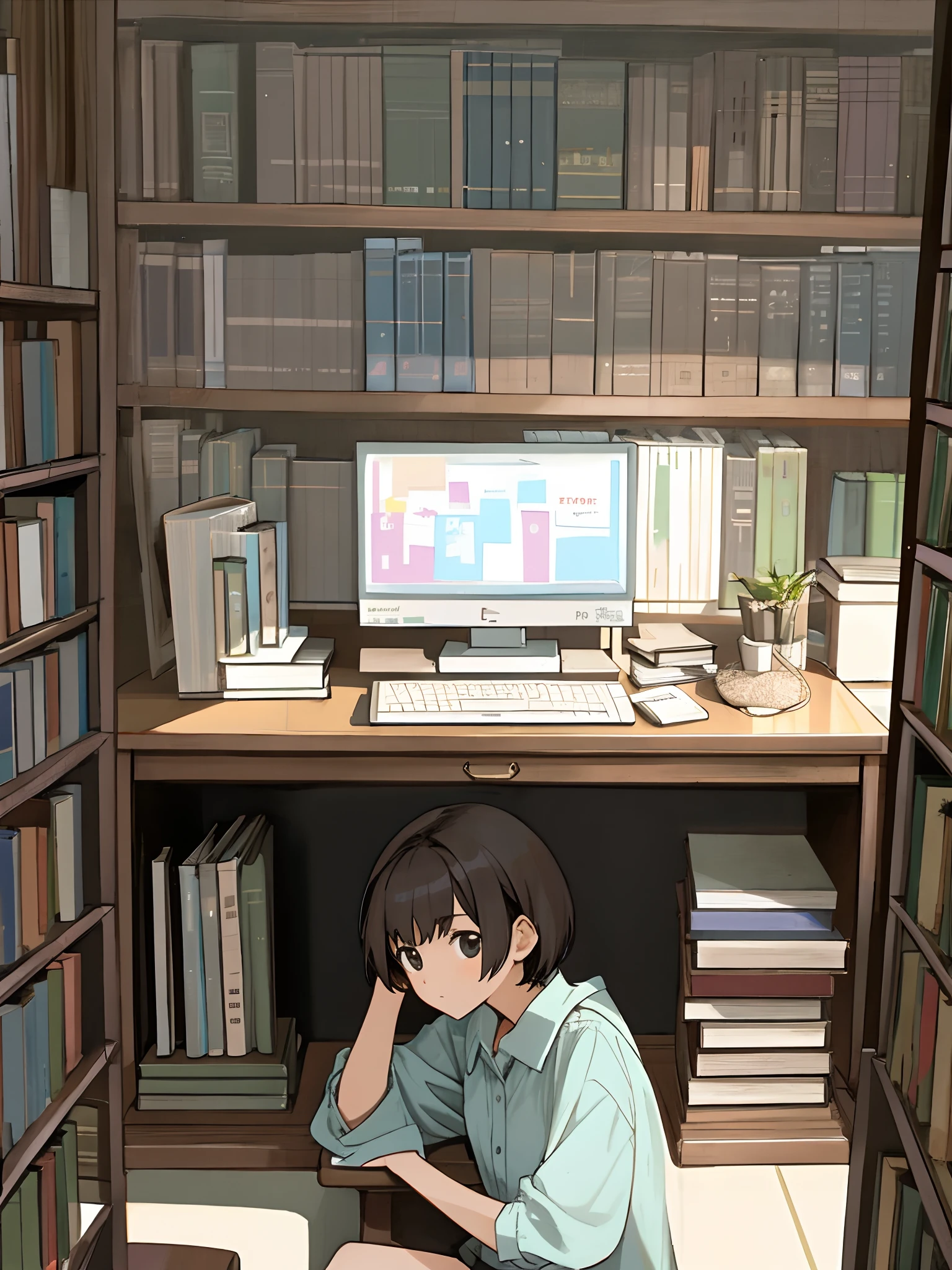 A girl with short hair,Review in the university library,There is a whole row of bookshelves behind the girl,The girl sits on the desk in front of the bookshelf to review,The girl has a dozen books on her right,There is a computer and mobile phone on the left-hand side