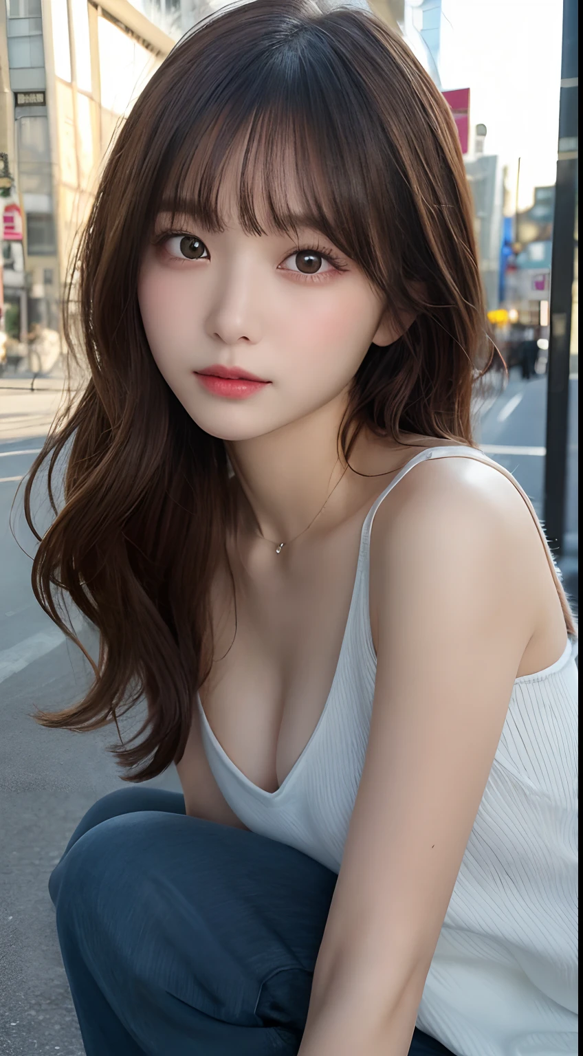 finely detail, hight resolution, hightquality、Perfect dynamic composition, Beautiful detailed eyes, Medium Hair,Natural Color Lip,Kamimei、Shibuya、20 years girl、1 persons、Transparent skin、Glowing hair、masutepiece, Best Quality, Illustration, Ultra-detailed, finely detail, hight resolution, 8K、The correct state of the human body、randome pose、Gravure Model Pose，Hair soaring in the wind、Underwear,length hair,Big Tits，gigantic cleavage breasts, Bold sexy poses,Colossal tits、up of face