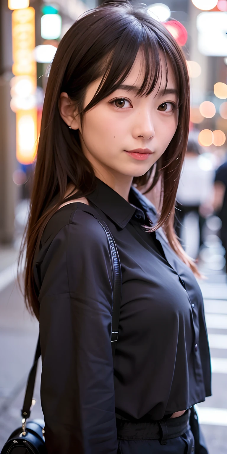 1 girl, Tokyo street, night, cityscape, city lights, upper body, close-up, blouse, smile, (8k, RAW photo, top quality, masterpiece: 1.2), (real, photoreal: 1.37),