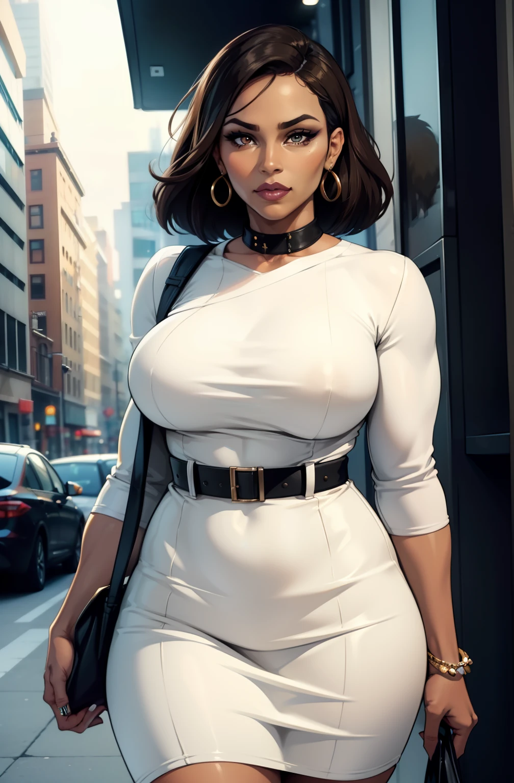 (a mature woman:1.2)| (a girl:1.1), brown skin, makeup, super detailed, modern style, city, direct look, contoured.