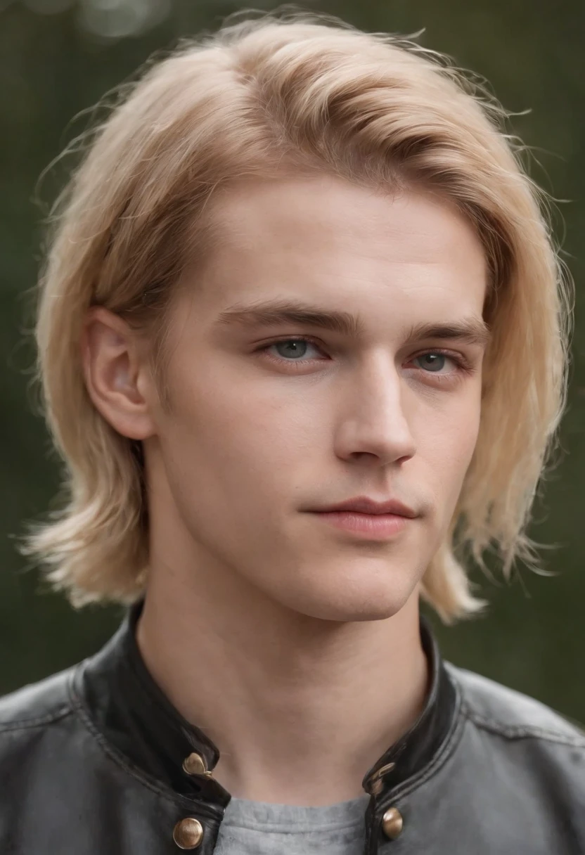 boy,Handsome,k hd,golden hair,Hair has white dye,There are two moles under the right eye,Emerald green eyes,motorbiker,Cyberpunk style,photorealestic,mid - length hair,There is a prosthetic body on the face,upper body