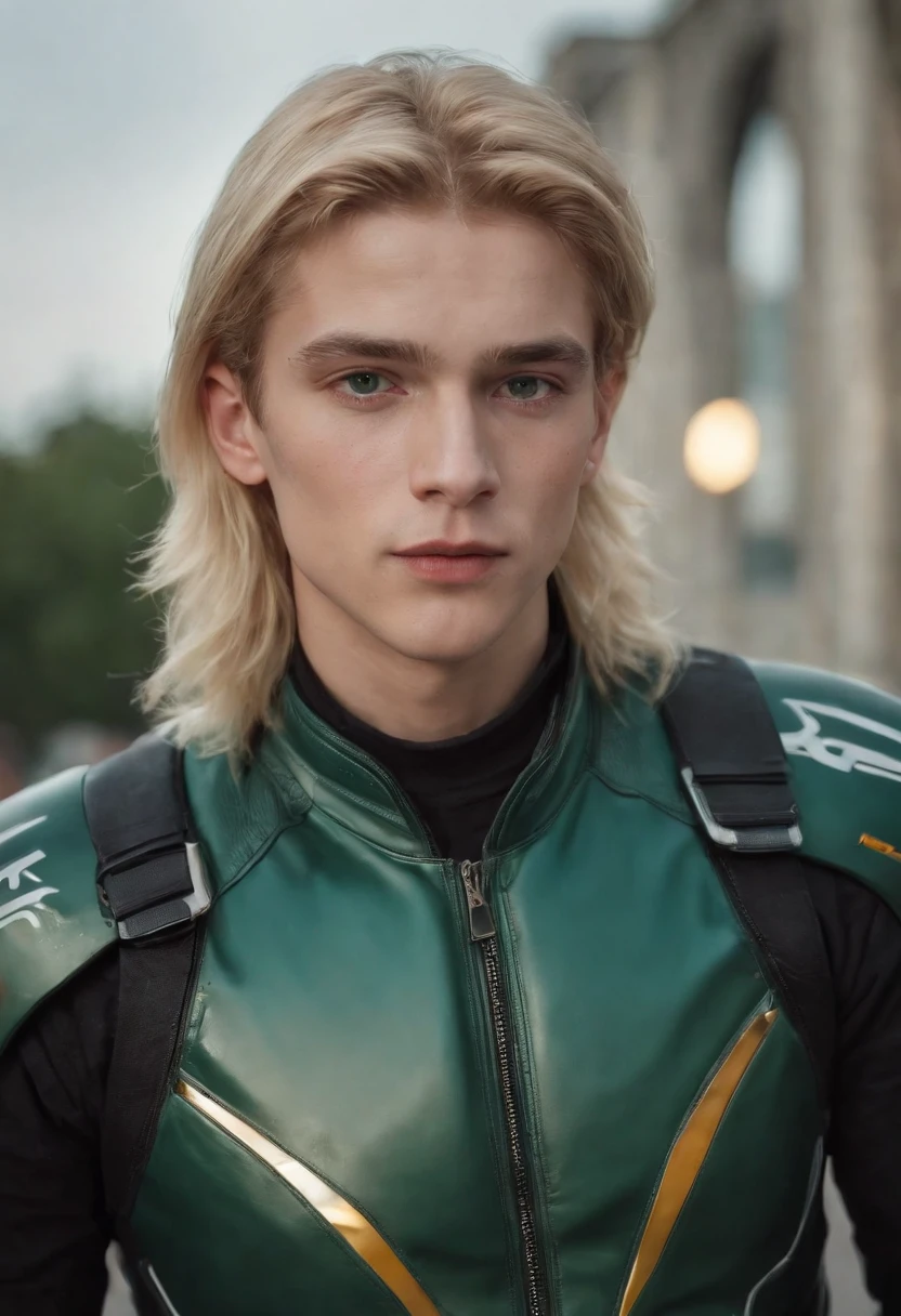 schoolboy,Handsome,k hd,golden hair,Hair has white dye,There are two moles under the right eye,Emerald green eyes,motorbiker,Cyberpunk style,photorealestic,mid - length hair,There is a prosthetic body on the face,upper body